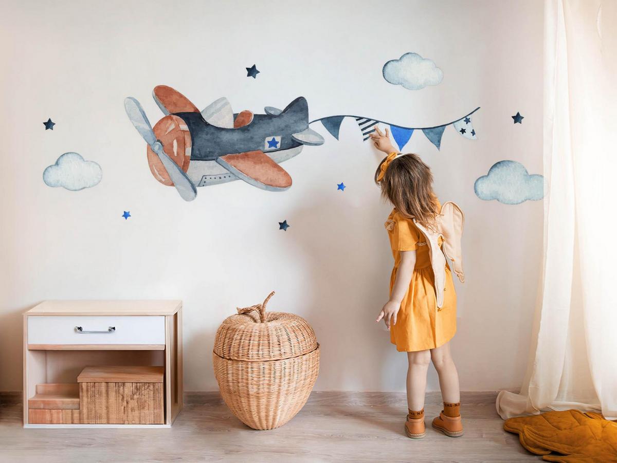 WANDAUFKLEBER 80x127cm - Pastellfarbenes Flugzeug - Multicolor, Kunststoff (80/127/0.1cm) - Wallfluent