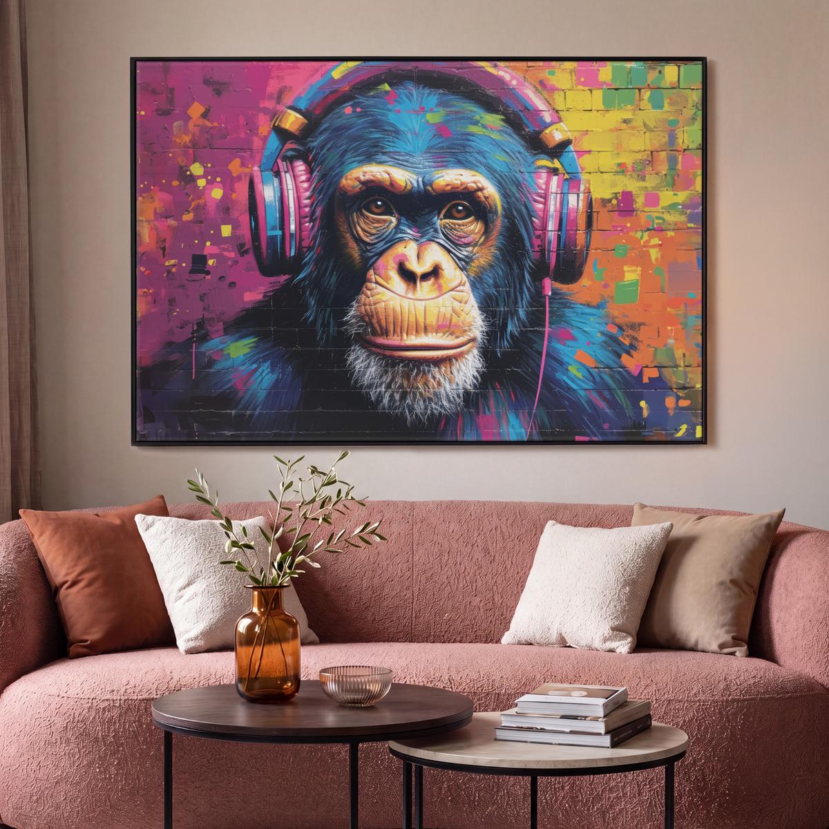LEINWAND Bilder mit Rahmen - Graffiti - Schimpanse - Straßenkunst - Kopfhörer - Affe - 150x100 - Blau, Textil (150/100cm) - MuchoWow
