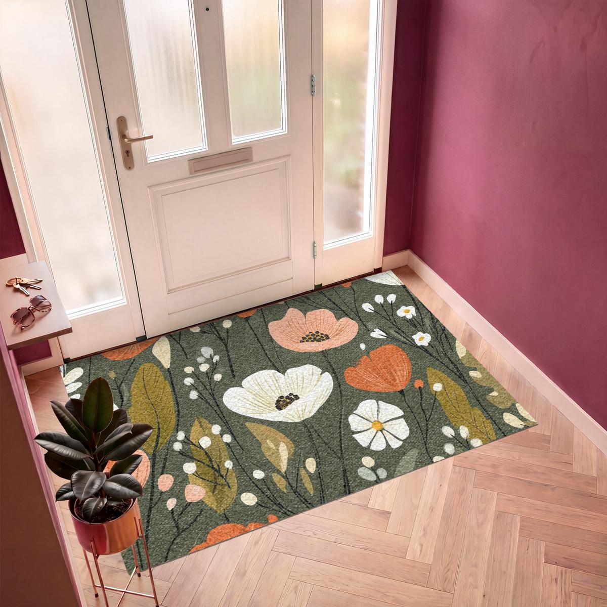 FUSSMATTE Blumen - Illustration - Grün Flurteppich 180x120 cm - Dunkelgrün, Kunststoff (180/0.4cm) - MuchoWow