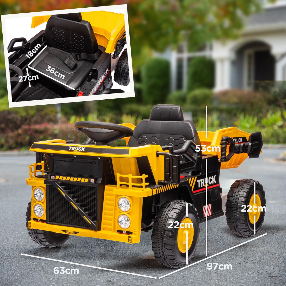 ELEKTRISCHER Traktor mit Schaufel 12 V Kinder Aufsitztraktor, Kinder Elektroauto - Gelb, Kunststoff/Metall (97/63/53cm) - AIYAPLAY