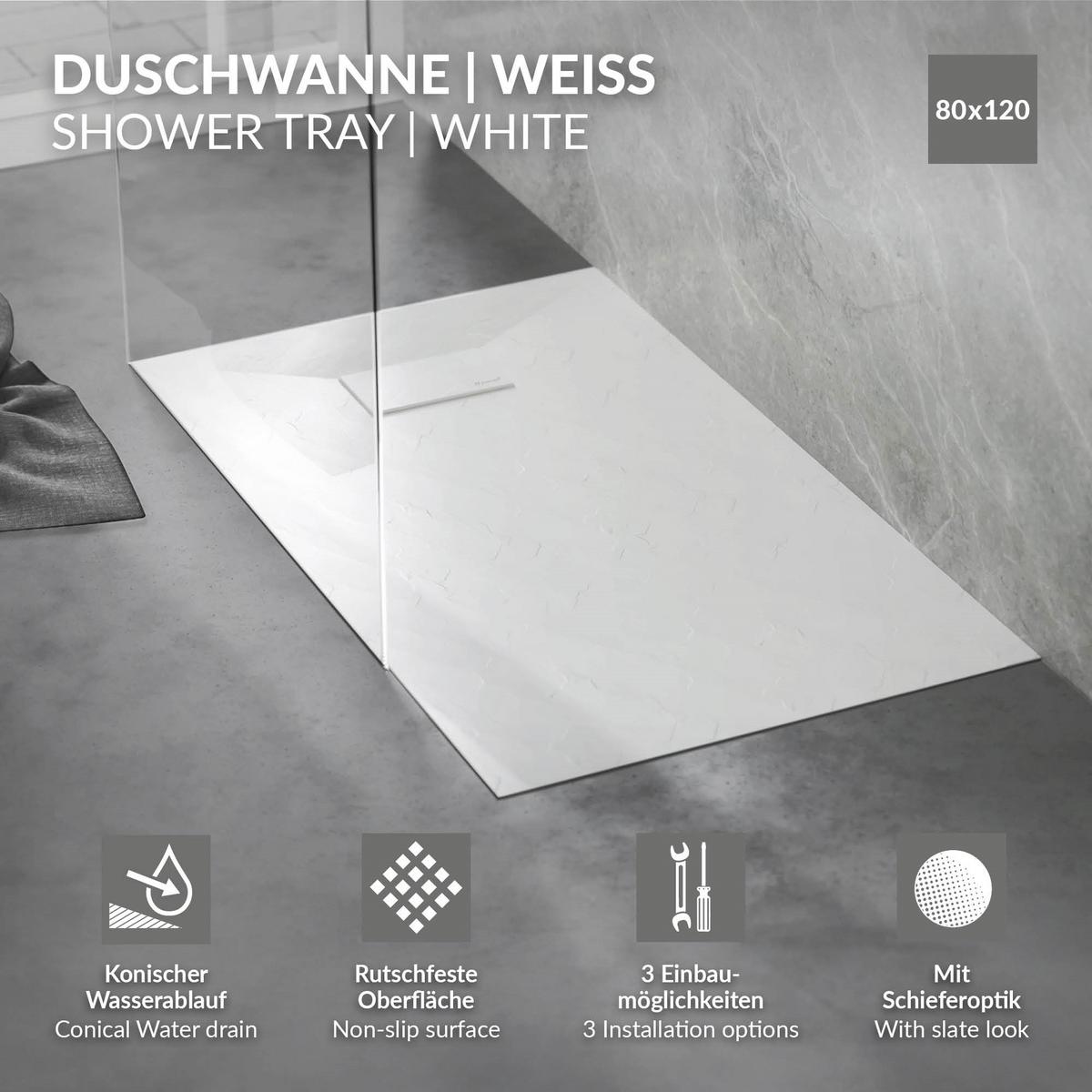 DUSCHWANNE 120x80 cm Weiß mit Ablaufgarnitur aus SMC - Weiß, Kunststoff (80/3/120cm) - LuxeBath