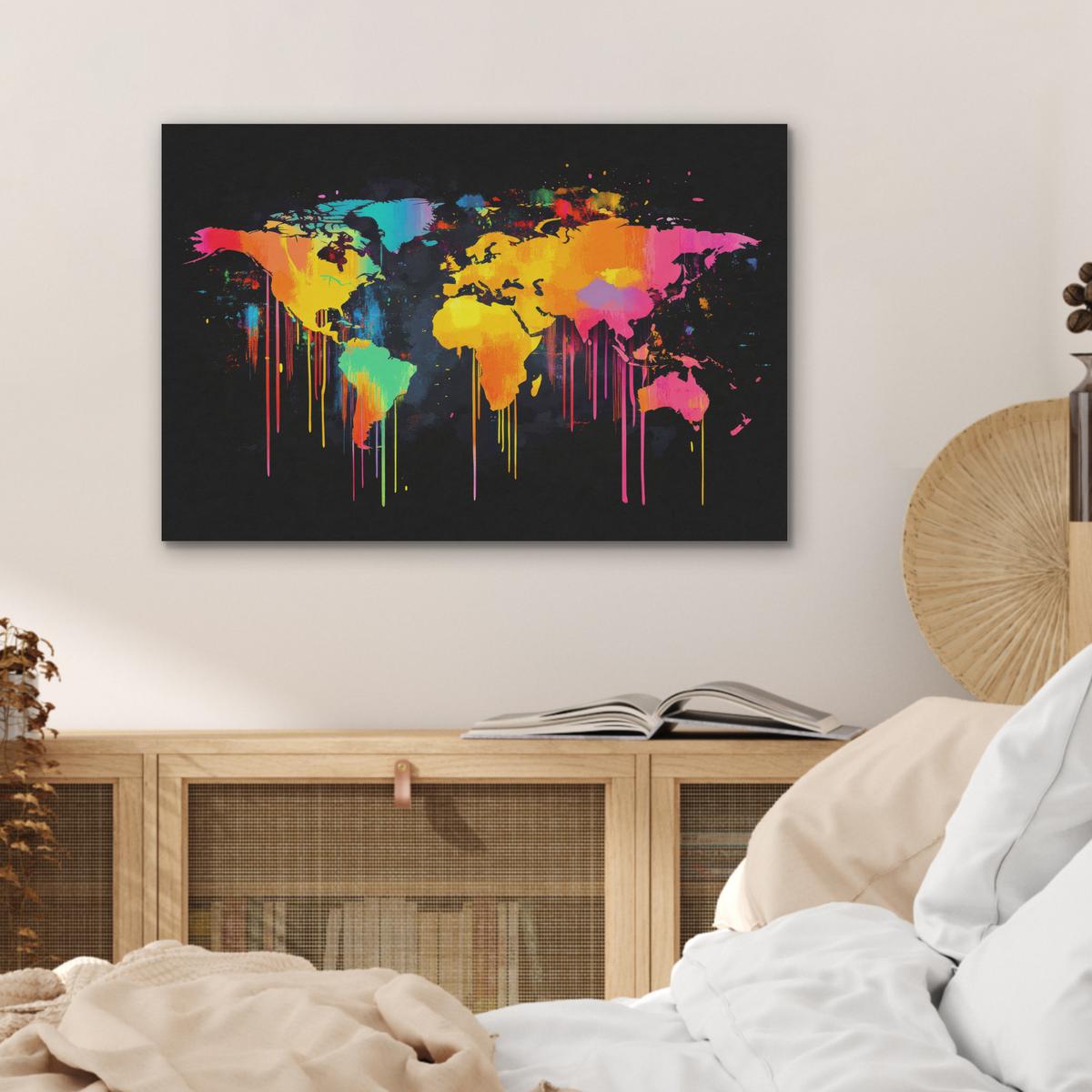 AKUSTIKBILD Weltkarte - Farbe - Bunt - Graffiti - Welt Wanddeko 70x50 cm - Multicolor, Kunststoff (70/50/0.9cm) - MuchoWow