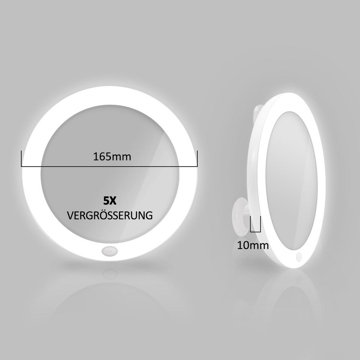 KOSMETIKSPIEGEL mit Licht mit Saugnapf 5X Vergrößerung Weiß ф16,5 cm - Weiß, Glas (16.5/16.5/16.5cm) - EMKE