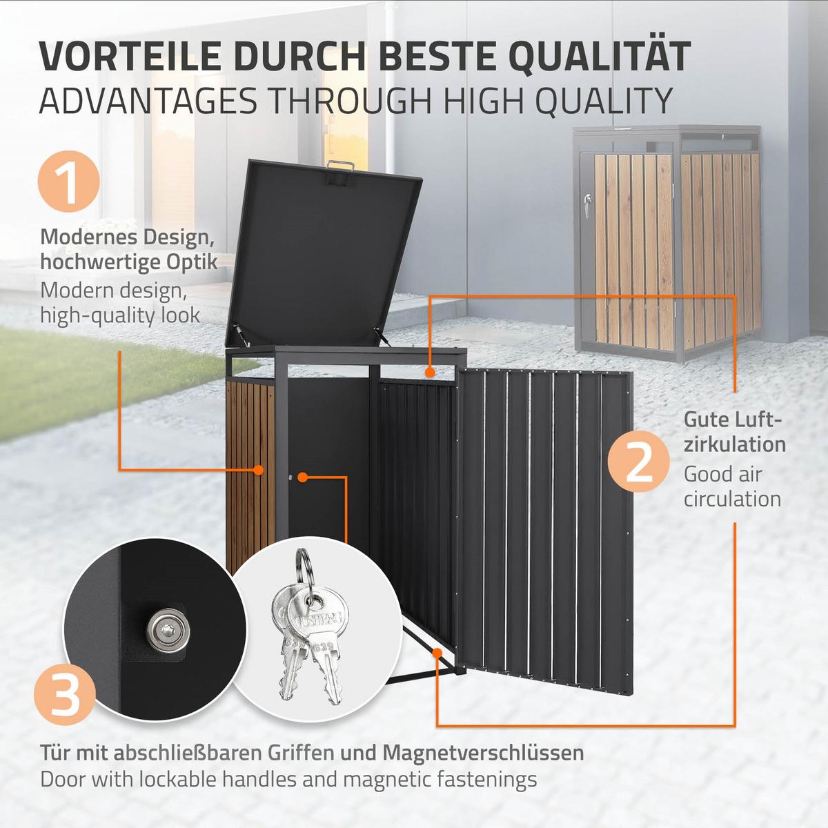 MÜLLTONNENBOX 1er Anthrazit-Holzoptik - Dunkelbraun, Metall (68/120/80cm) - ML-DESIGN