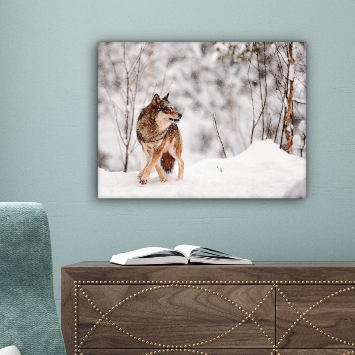LEINWANDBILD Wolf - Winter - Schnee - Natur - Tiere Wandbild 40x30 cm - Haselnussfarben, Textil (40/30cm) - MuchoWow