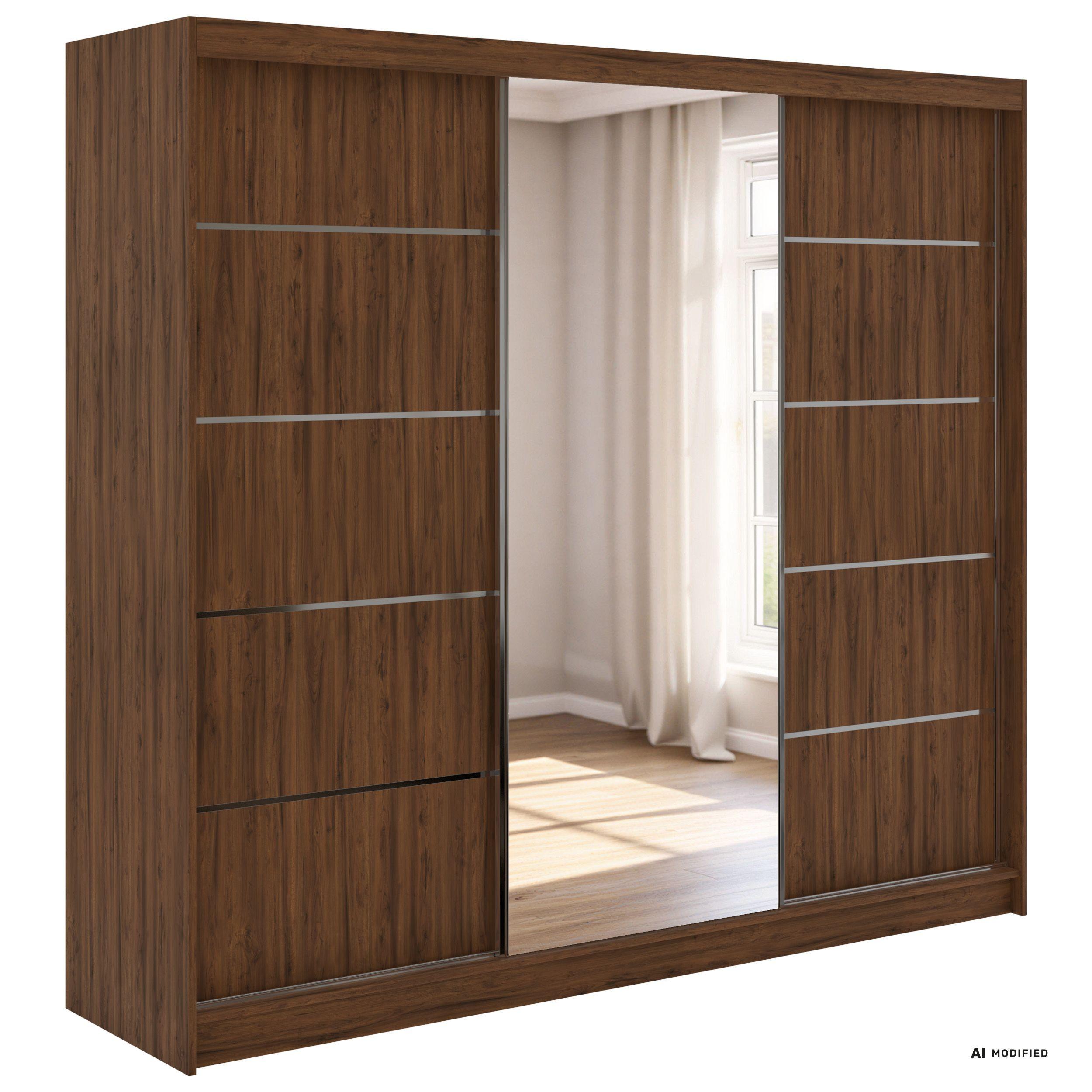 SCHWEBETÜRENSCHRANK mit Schubladen 240 - SKORIA - Warmia Walnuss mit Spiegel - Walnussfarben/Alufarben, Holzwerkstoff/Metall (240/216/61cm) - MKS