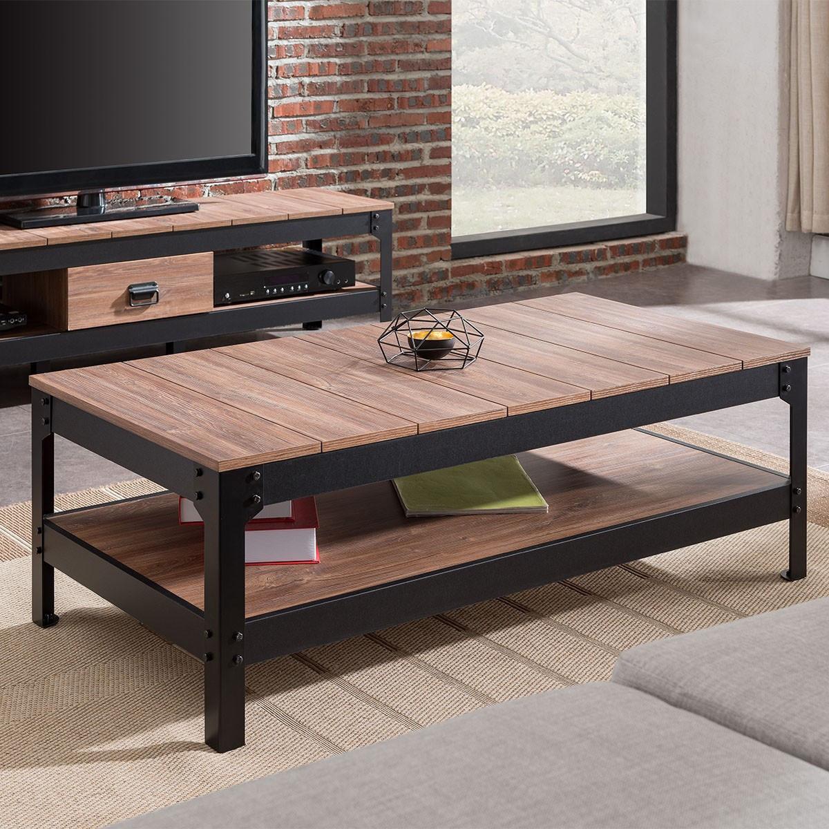 COUCHTISCH aus schwarzem Metall und Holz - L117cm - Schwarz, Holzwerkstoff (67/60/40cm) - Calicosy