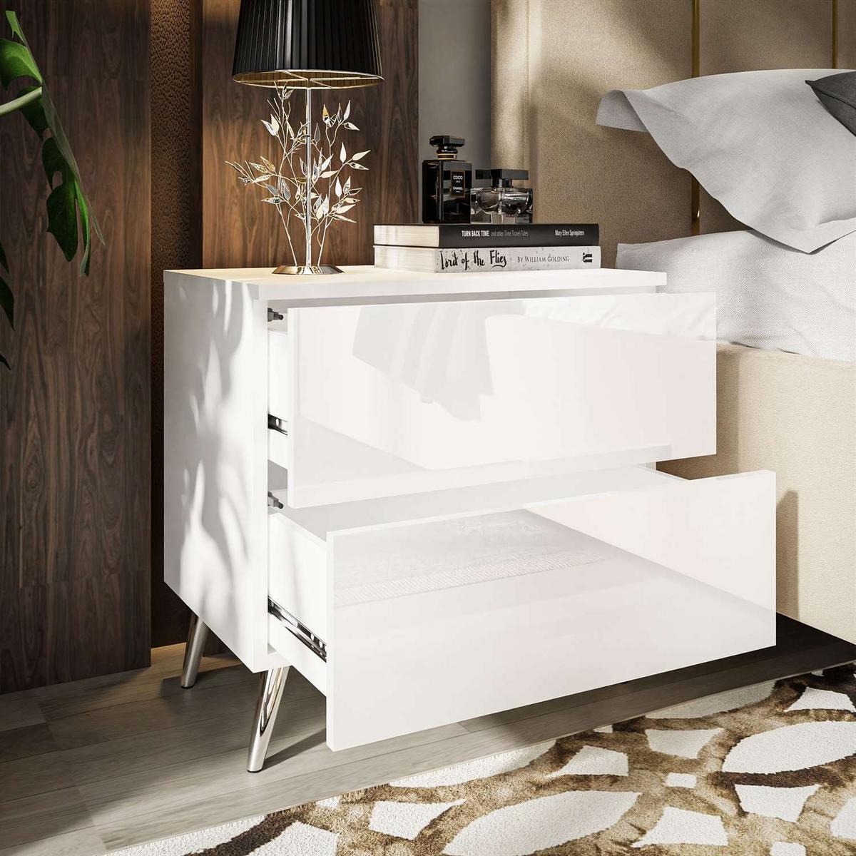 NACHTTISCH AURA PUSH OPEN mit Chrombeinen - Weiß, Holzwerkstoff (55/55/37cm) - Lookway