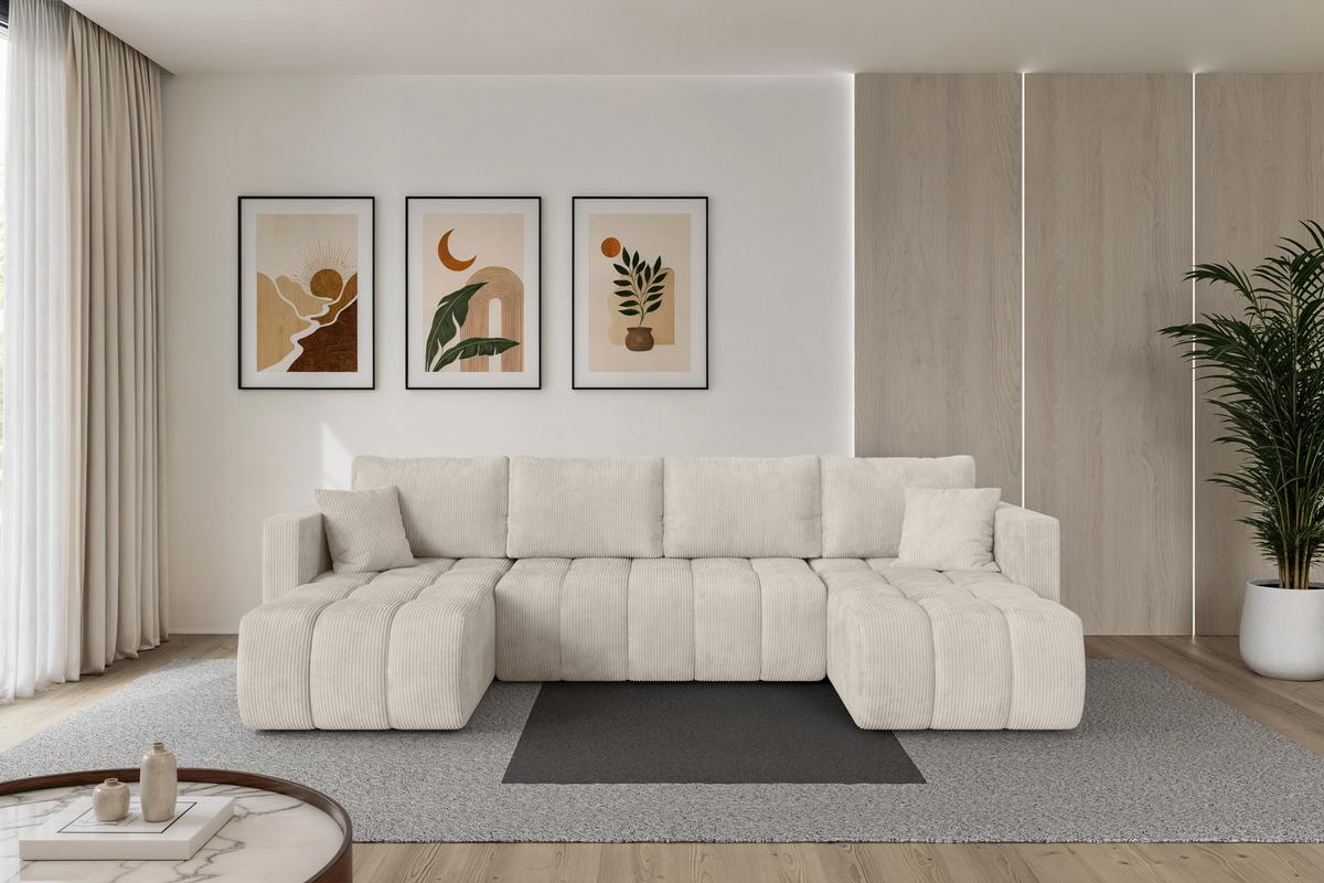 WOHNLANDSCHAFT mit Schlaffunktion und Bettkasten GARD-U 300x146x85 Creme Cord - Ecru/Creme, Holzwerkstoff/Kunststoff (300/85/146cm) - ALTDECOR