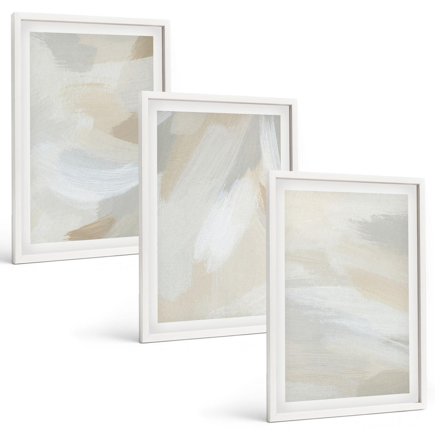 BILDER SET 3er Set - 40x60 cm Weißer Rahmen - Abstrakter Pinselhintergrund - Weiß, Kunststoff (40/60cm) - TULUP