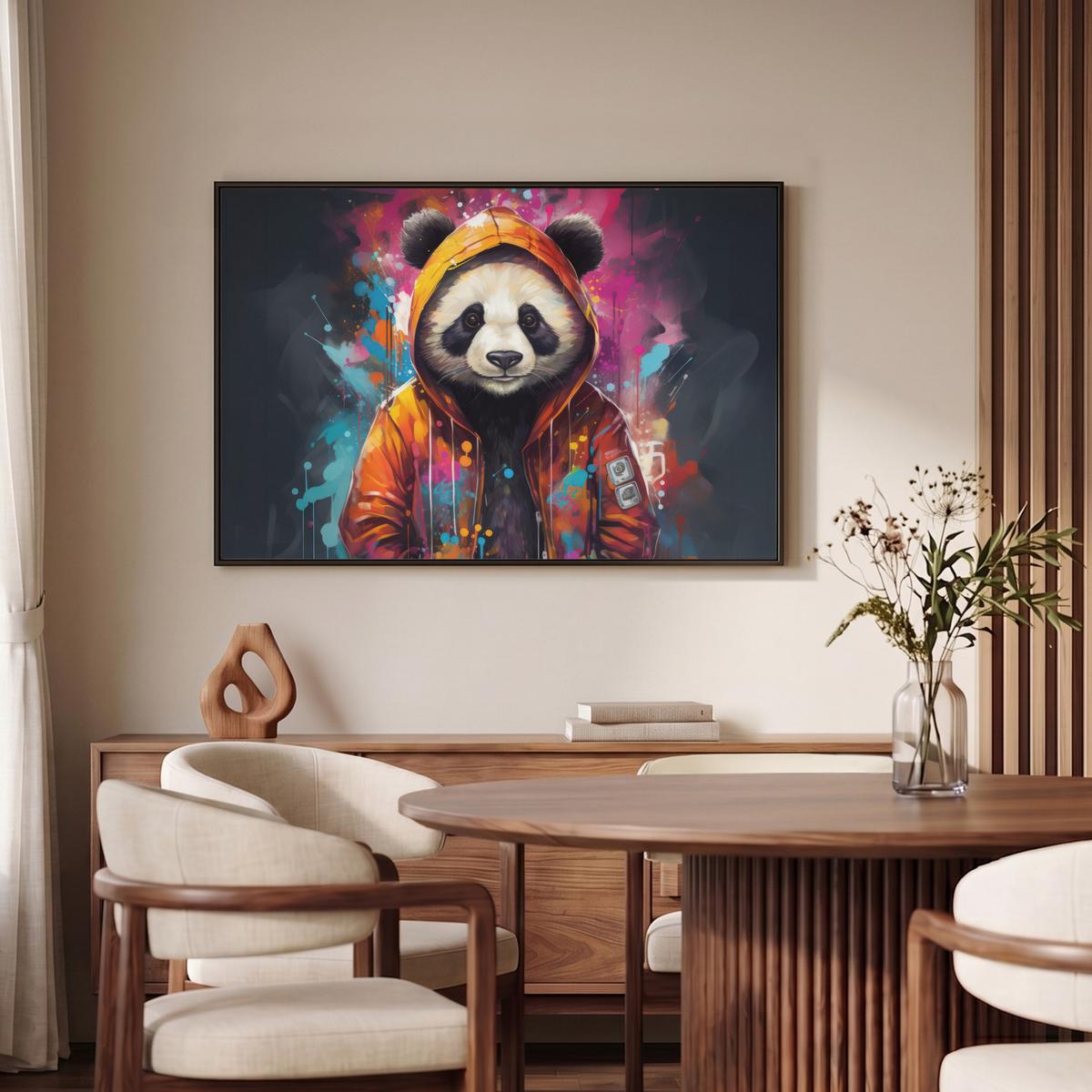 LEINWAND Bilder mit Rahmen - Panda - Jacke - Graffiti - Orange - 90x60 - Orange, Textil (90/60cm) - MuchoWow