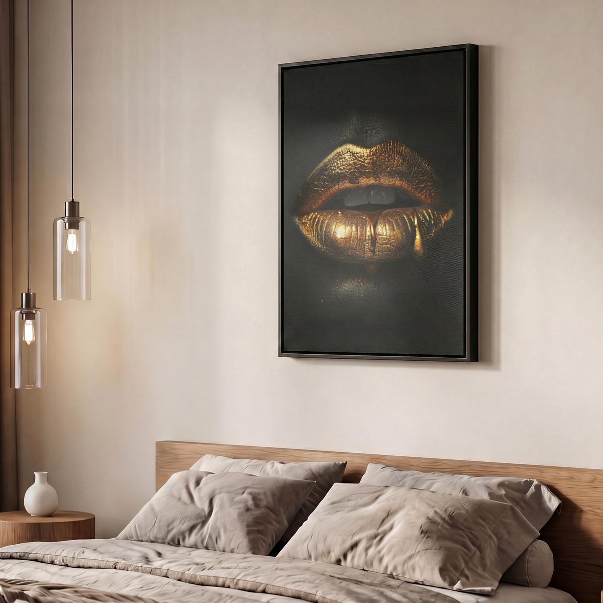 LEINWAND Bilder mit Rahmen - Frau - Porträt - Lippen - Gold - Schwarz - 50x70 - Schwarz, Textil (50/70cm) - MuchoWow