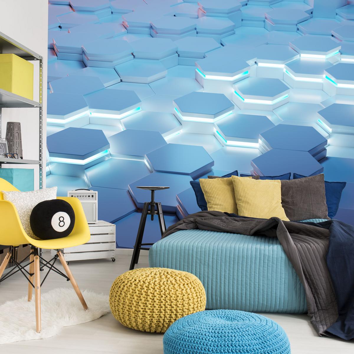 FOTOTAPETE für Jugendzimmer Blaue Neon Hexagone Formen Geometrie 500x350 - Blau/Weiß, Papier (500/350cm) - Muralo