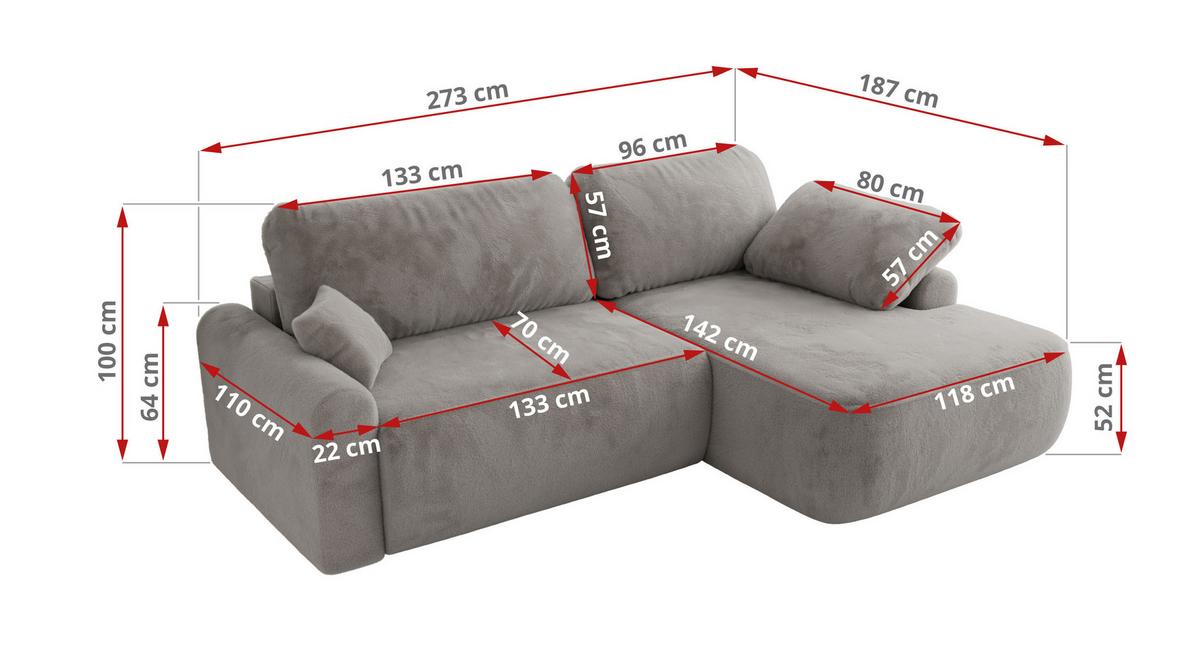 ECKSCHLAFSOFA CUBO L Hellgrau Plüsch - rechts - Hellgrau/Schwarz, Kunststoff/Textil (187/273cm) - MKS