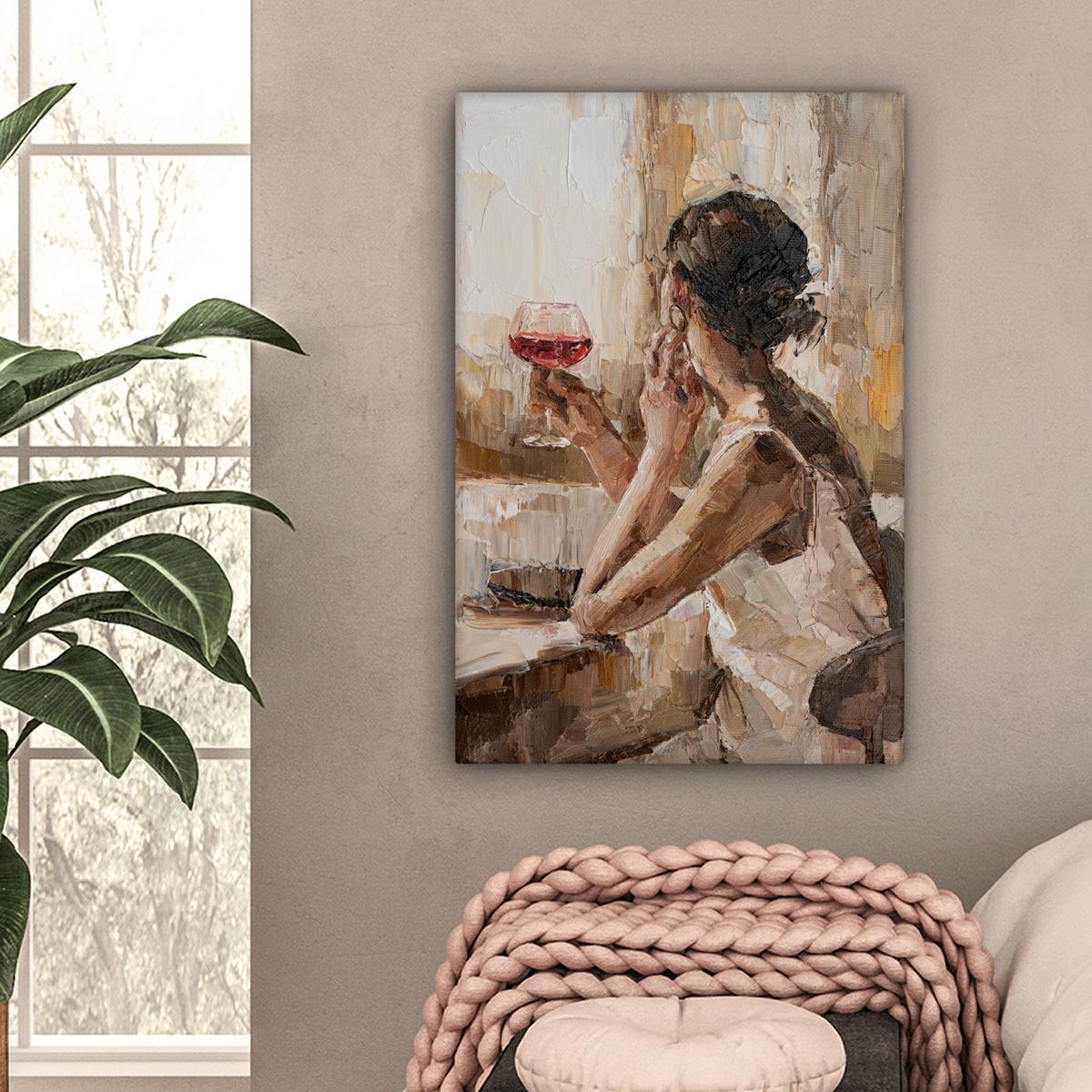 LEINWANDBILD Ölgemälde - Frau - Wein Wanddeko 40x60 cm - Hellbraun, Textil (40/60cm) - MuchoWow