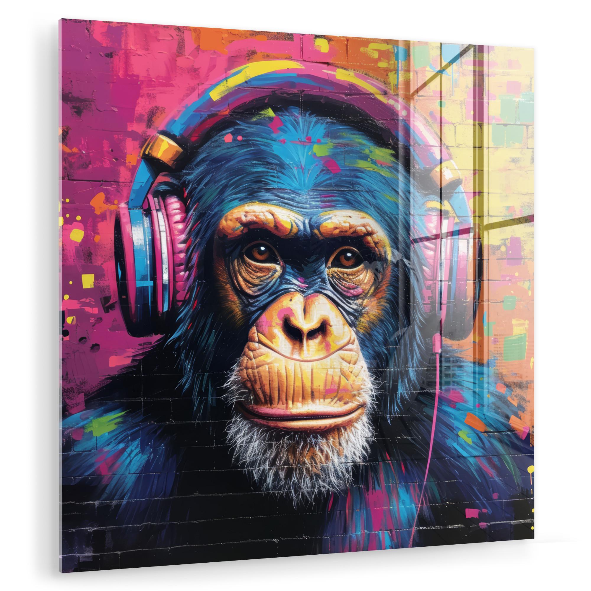 ACRYLGLASBILD Graffiti - Schimpanse - Straßenkunst - Kopfhörer - Affe 90x90 cm - Blau, Glas (90/90cm) - MuchoWow