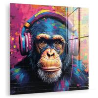 ACRYLGLASBILD Graffiti - Schimpanse - Straßenkunst - Kopfhörer - Affe 90x90 cm - Blau, Glas (90/90cm) - MuchoWow