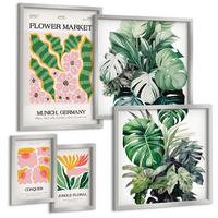 BILDER SET 5er Set - 50x50 cm & 20x30 cm & 40x60 cm Silberner Rahmen - Blumen und Blätter – moderne Poster - Silberfarben, Kunststoff (40/60cm) - TULUP