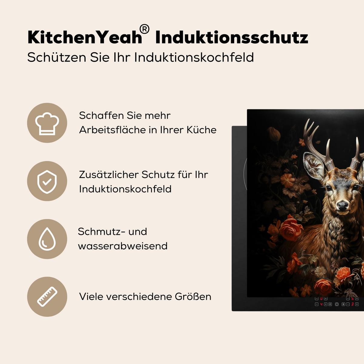 HERDABDECKPLATTE Hirsch - Tier - Blumen - Natur - Botanisch Induktionsmatte 78x78 cm - Kupferfarben, Kunststoff (78/78/0.2cm) - MuchoWow