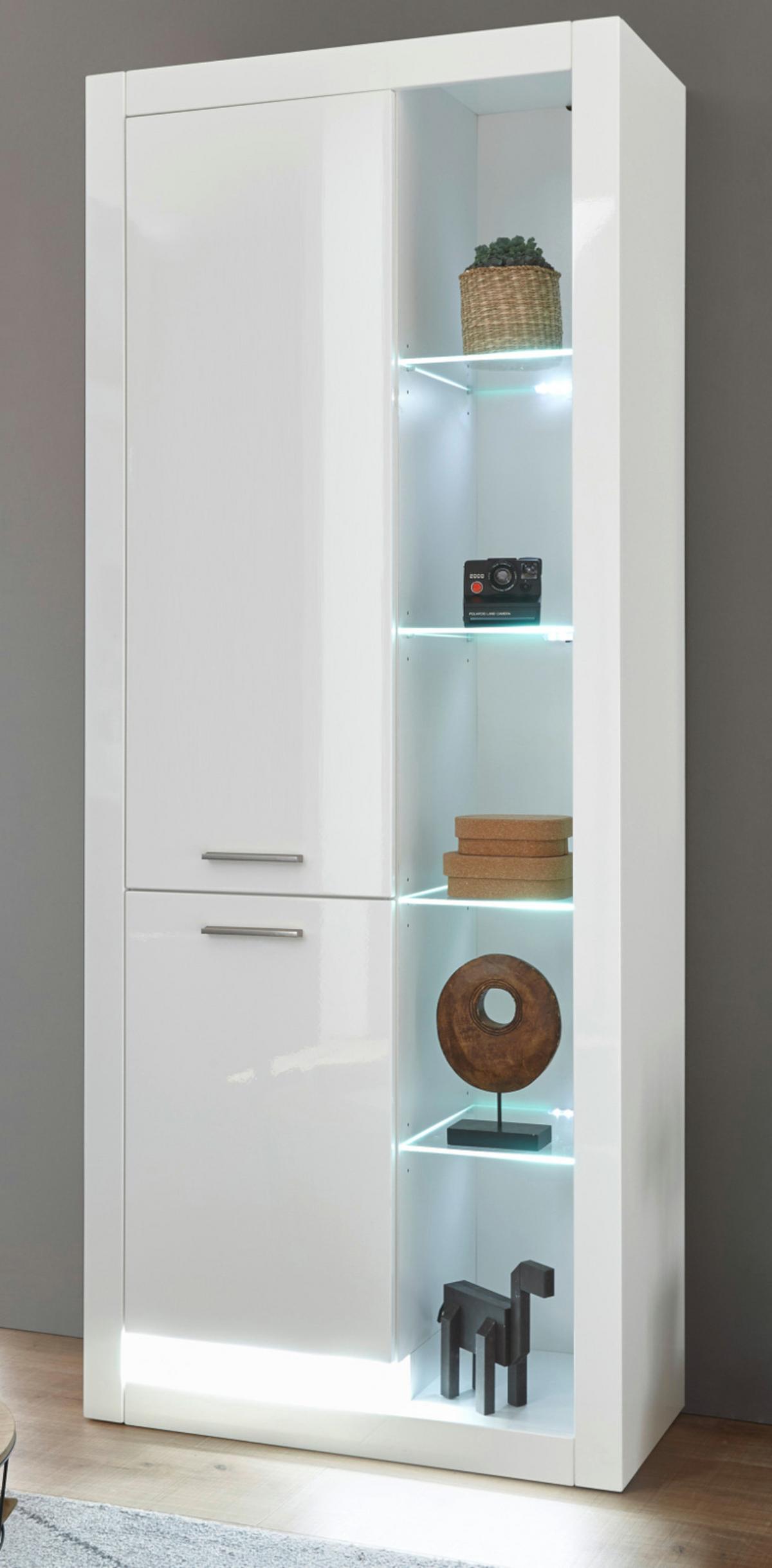 VITRINE weiß Hochglanz 80 x 195 cm, großer Vitrinenschrank mit 10 Fächern - Weiß Hochglanz/Silberfarben, Glas/Holzwerkstoff (80/195/37cm) - Furn.Design