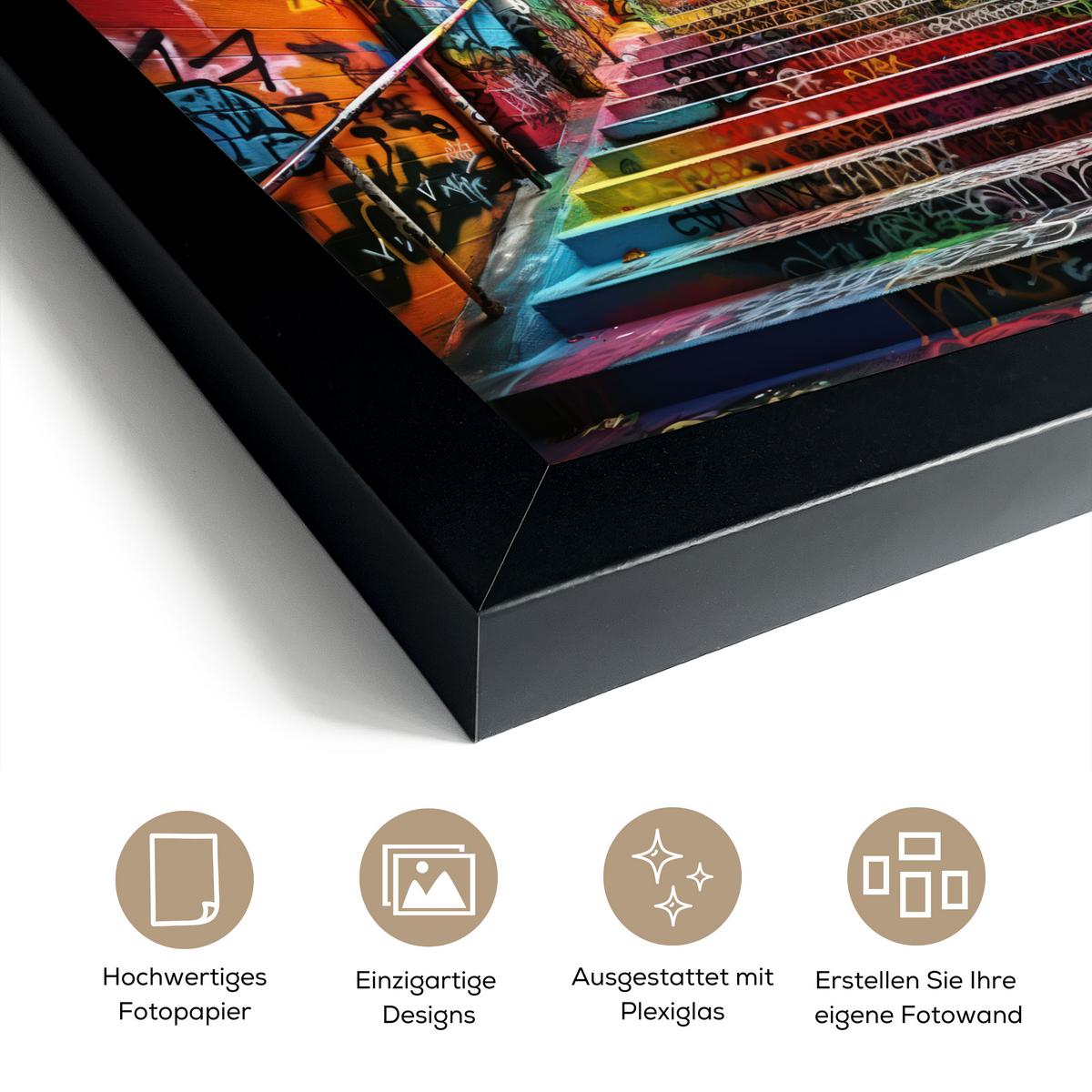 POSTER MIT RAHMENGERAHMTES BILD Treppe - Graffiti - Farben - Kunst 30x20 cm - Multicolor, Papier (30/20cm) - MuchoWow