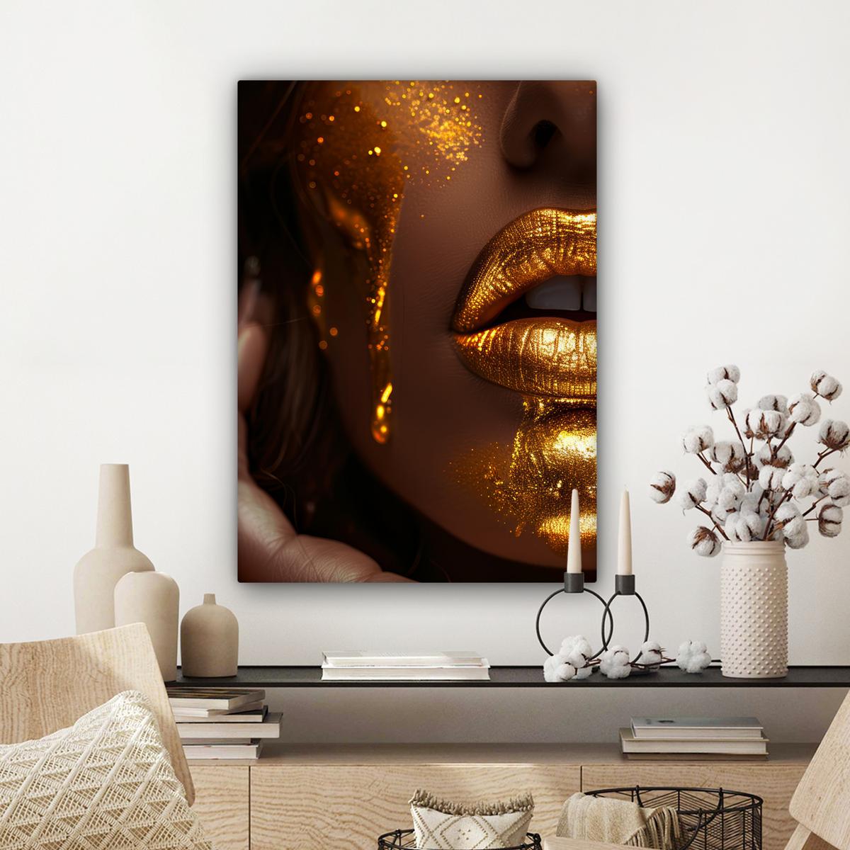 LEINWANDBILD Frau - Gold - Luxus - Porträt Wandbild Wohnzimmer 60x80 cm - Goldfarben, Textil (60/80cm) - MuchoWow