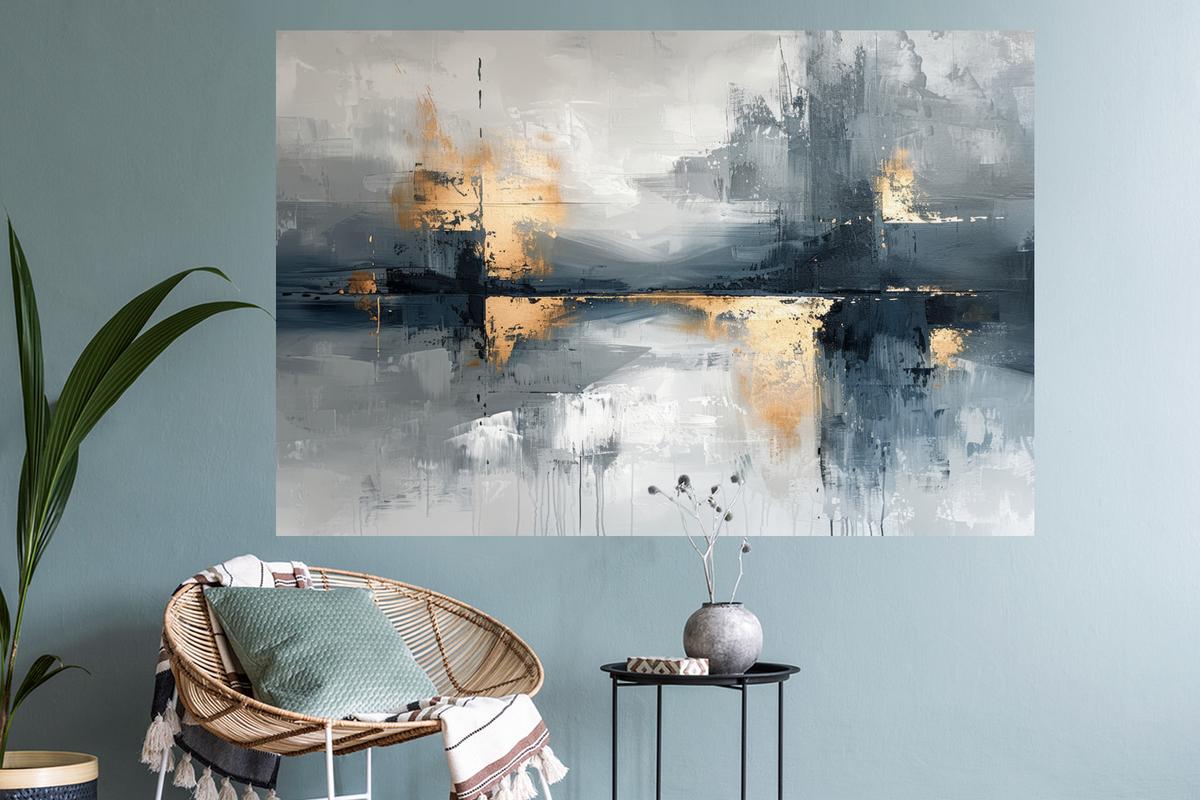 WANDTATTOO Kunst - Grau - Gold - Abstrakt Wandsticker 120x80 cm - Dunkelgrau, Kunststoff (120/80/0.1cm) - MuchoWow