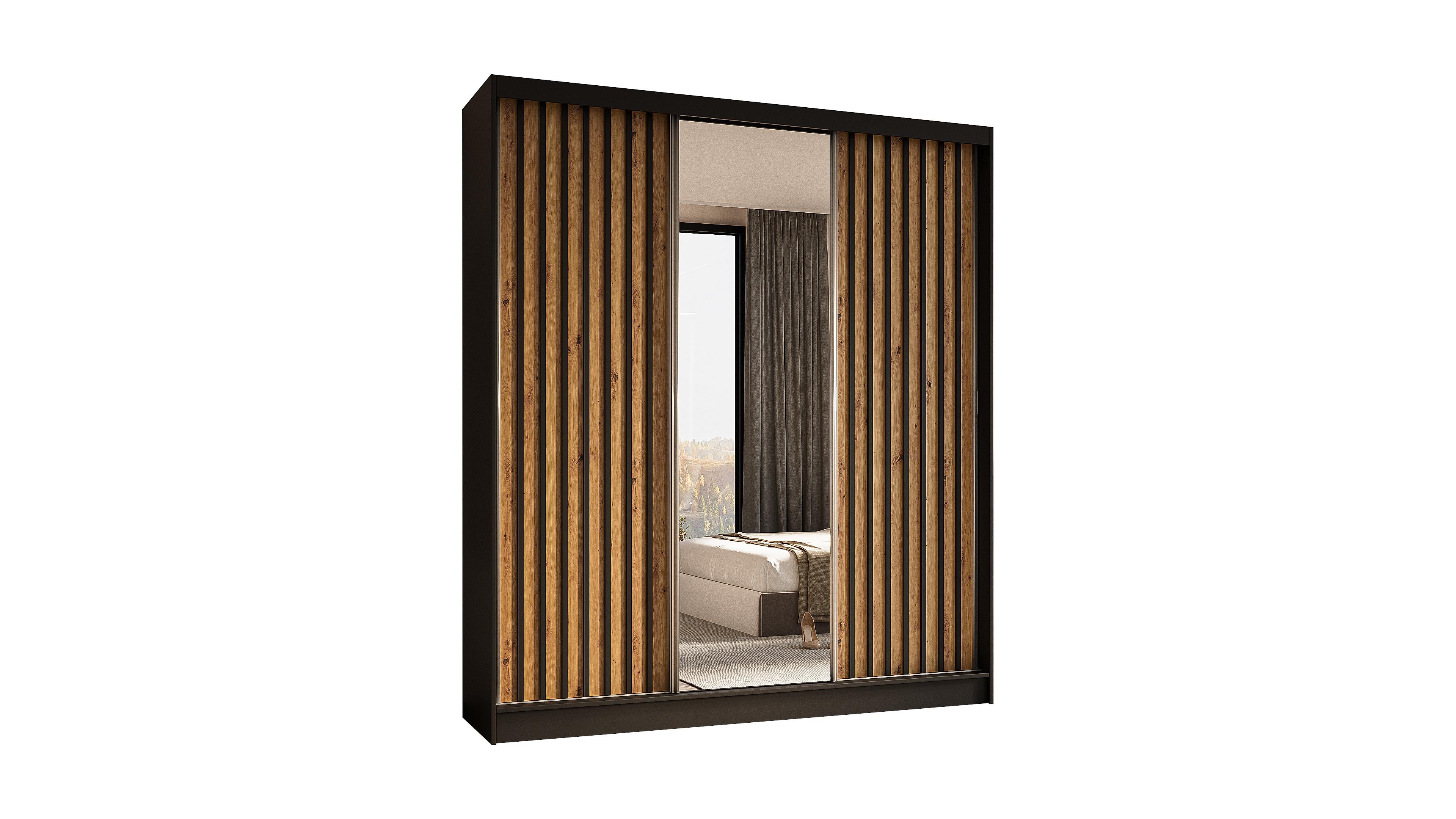KLEIDERSCHRANK mit Spiegel-Schiebetüren und Aluminium-Leisten, LED-Beleuchtung - LAMELO- 180 cm Schwarz+Artisan+Schwarz - Schwarz, Holzwerkstoff (180/216/61cm) - ALTDECOR