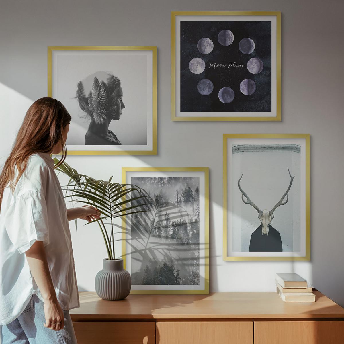 BILDER SET 4er Set - 50x50 cm & 40x60 cm Goldrahmen - Waldnebel, Mond, Schädel, Frau - Goldfarben, Kunststoff (50/50cm) - TULUP
