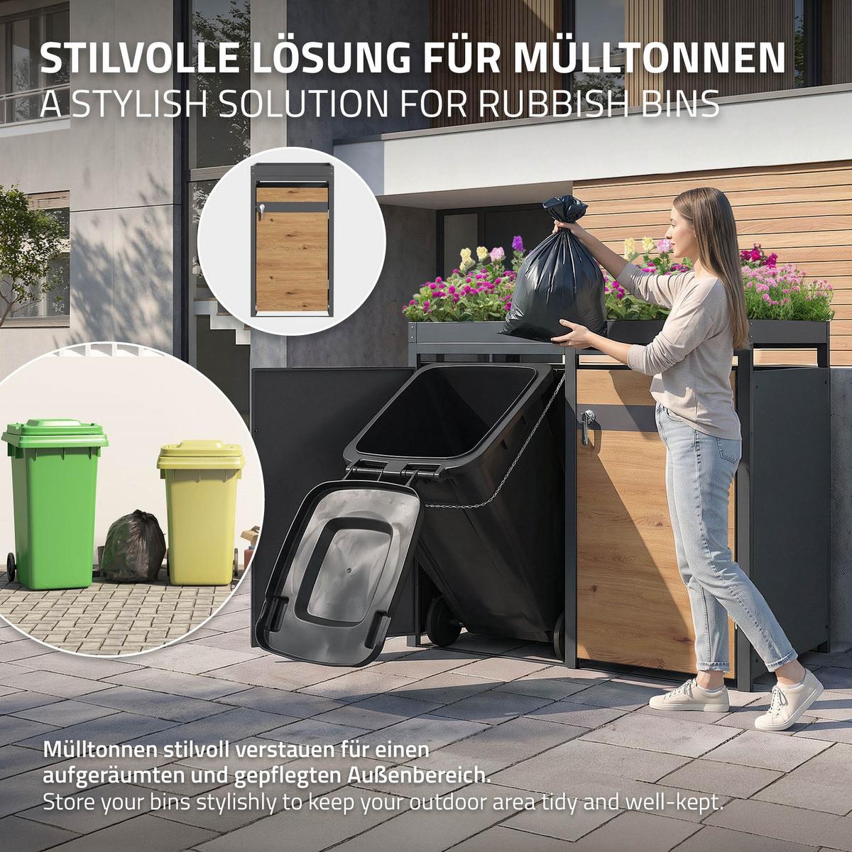 MÜLLTONNENBOX 3er mit Pflanzdach Anthrazit-Holzoptik - Braun, Metall (200/124/80cm) - ML-DESIGN