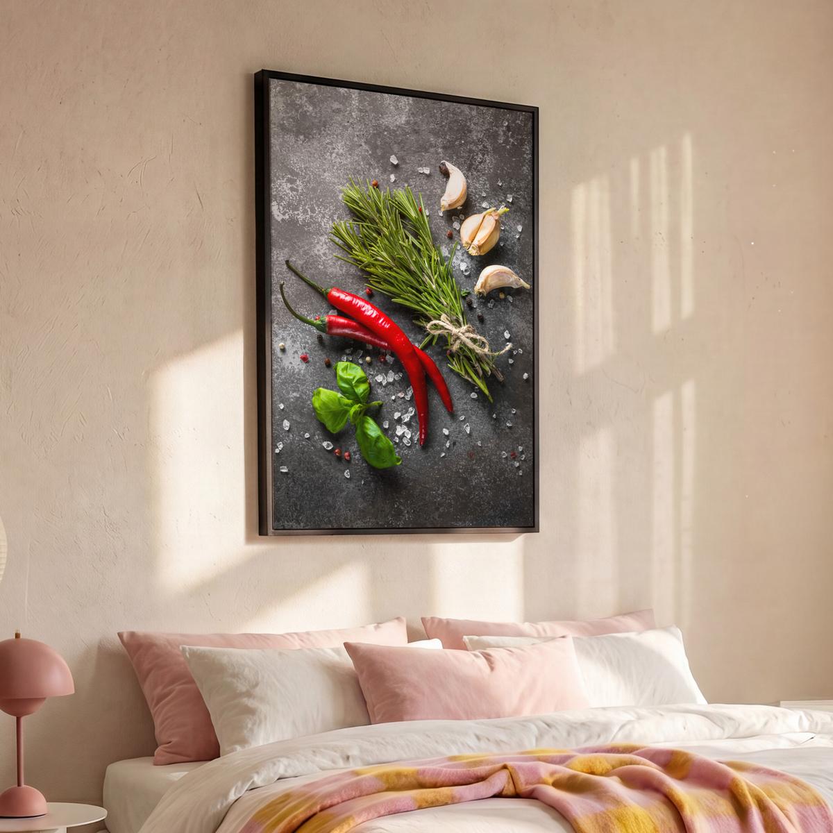 LEINWAND Bilder mit Rahmen - Pfeffer - Kräuter - Gewürze - Beton - 80x120 - Dunkelgrau, Textil (80/120cm) - MuchoWow