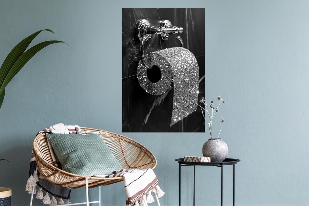 WANDTATTOO WC - Toilettenpapier - Schwarz und weiß - Glitter Wandbild 40x60 cm - Silberfarben, Kunststoff (40/60/0.1cm) - MuchoWow