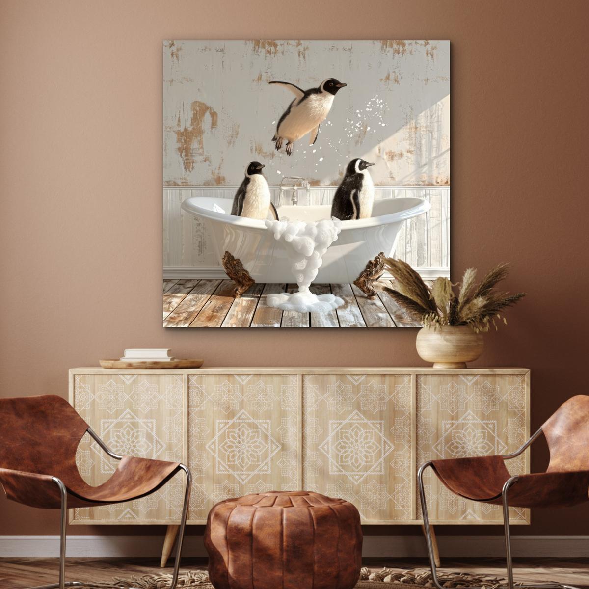 METALLBILD Vintage - Pinguin - Badewanne - Schaumstoff 90x90 cm - Schwarz, Metall (90/90cm) - MuchoWow