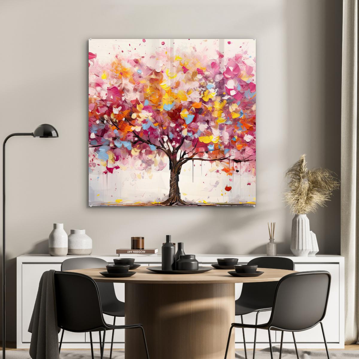 ACRYLGLASBILD Aquarell - Baum - Kunst - Abstrakt 90x90 cm - Multicolor, Glas (90/90cm) - MuchoWow