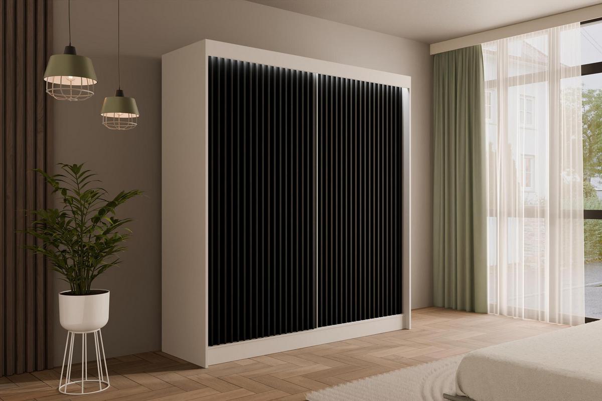 KLEIDERSCHRANK mit LED, Lamel-Schiebetüren VILANv2 - 200 cm Weiß + Lamelle schwarz - Schwarz/Weiß, Holzwerkstoff (200/215/61cm) - ALTDECOR