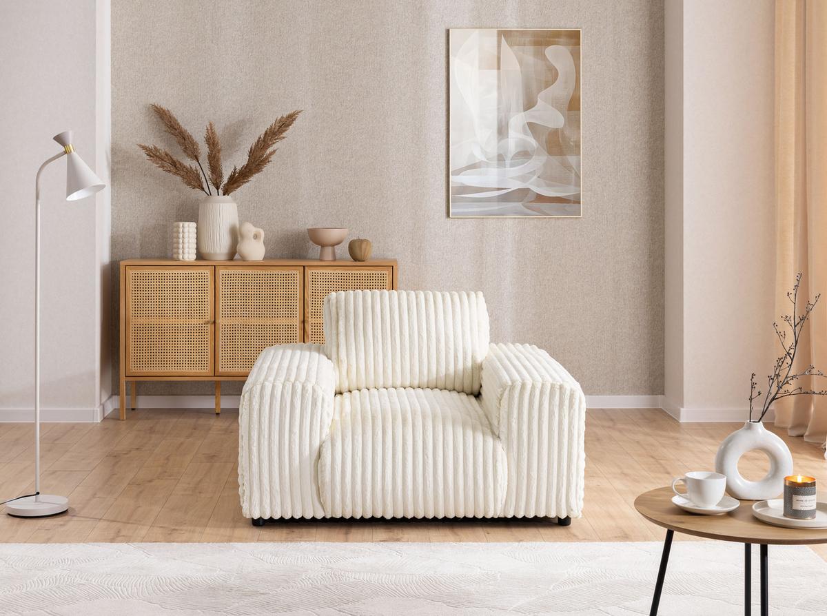 SITZGARNITUR 3+1 Mollis Hellbeige Plüschcord - Beige/Schwarz, Holz/Kunststoff (213/79/108cm) - S-Style Möbel