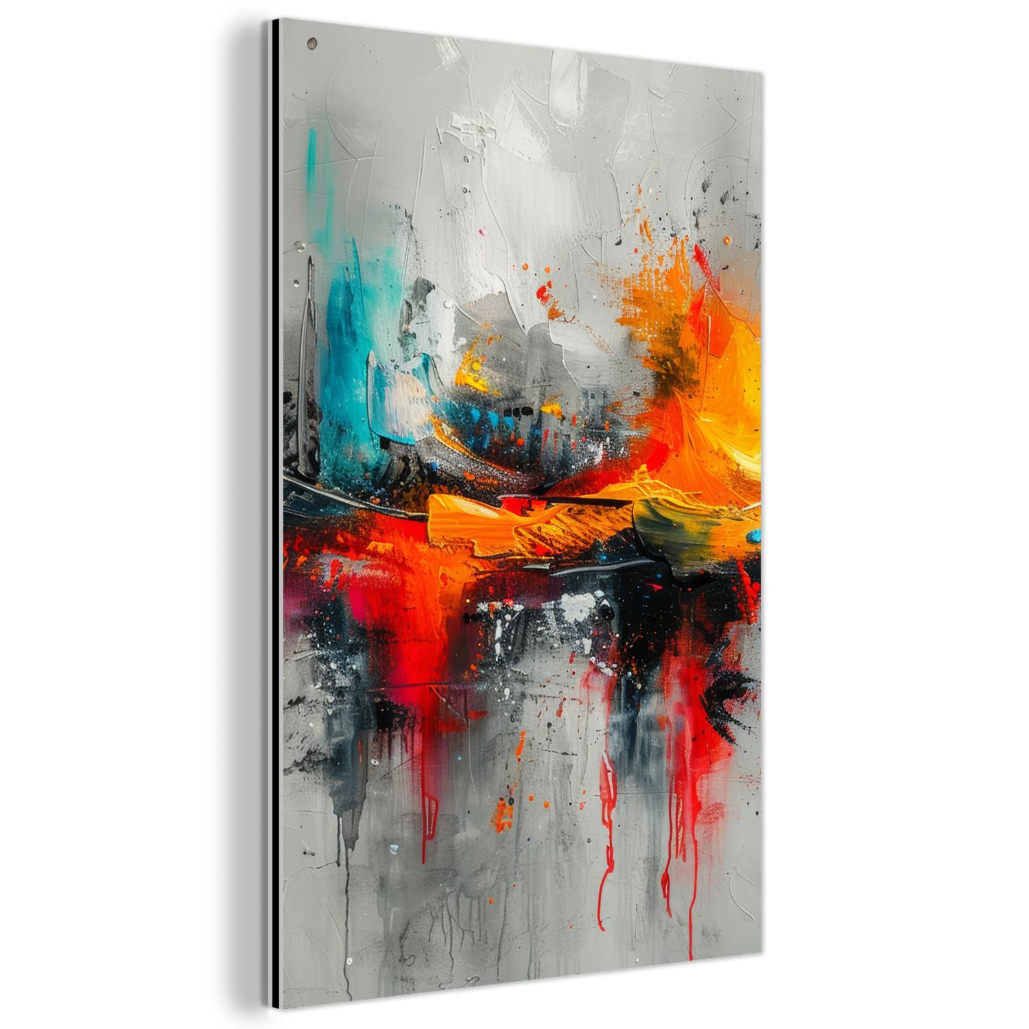 METALLBILD Moderne Kunst - Orange - Grau - Abstrakt Deko Wohnzimmer 60x90 cm - Hellgrau, Metall (60/90cm) - MuchoWow