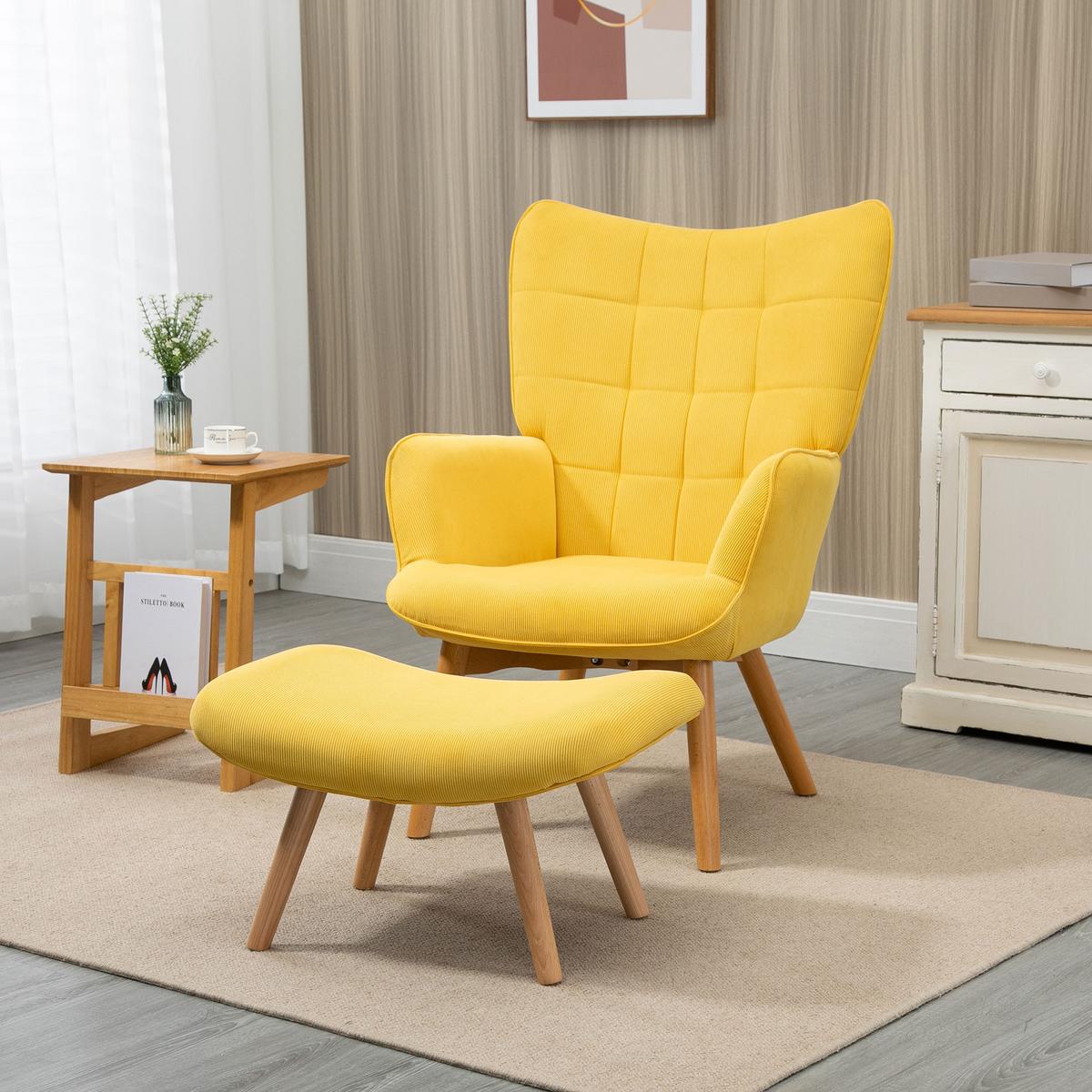 OHRENSESSEL mit Hocker, Relaxsessel, Polstersessel in Cord-Optik, mit Holzbeine - Gelb/Buchefarben, Holz/Buchenholz (80/101/72cm) - HOMCOM