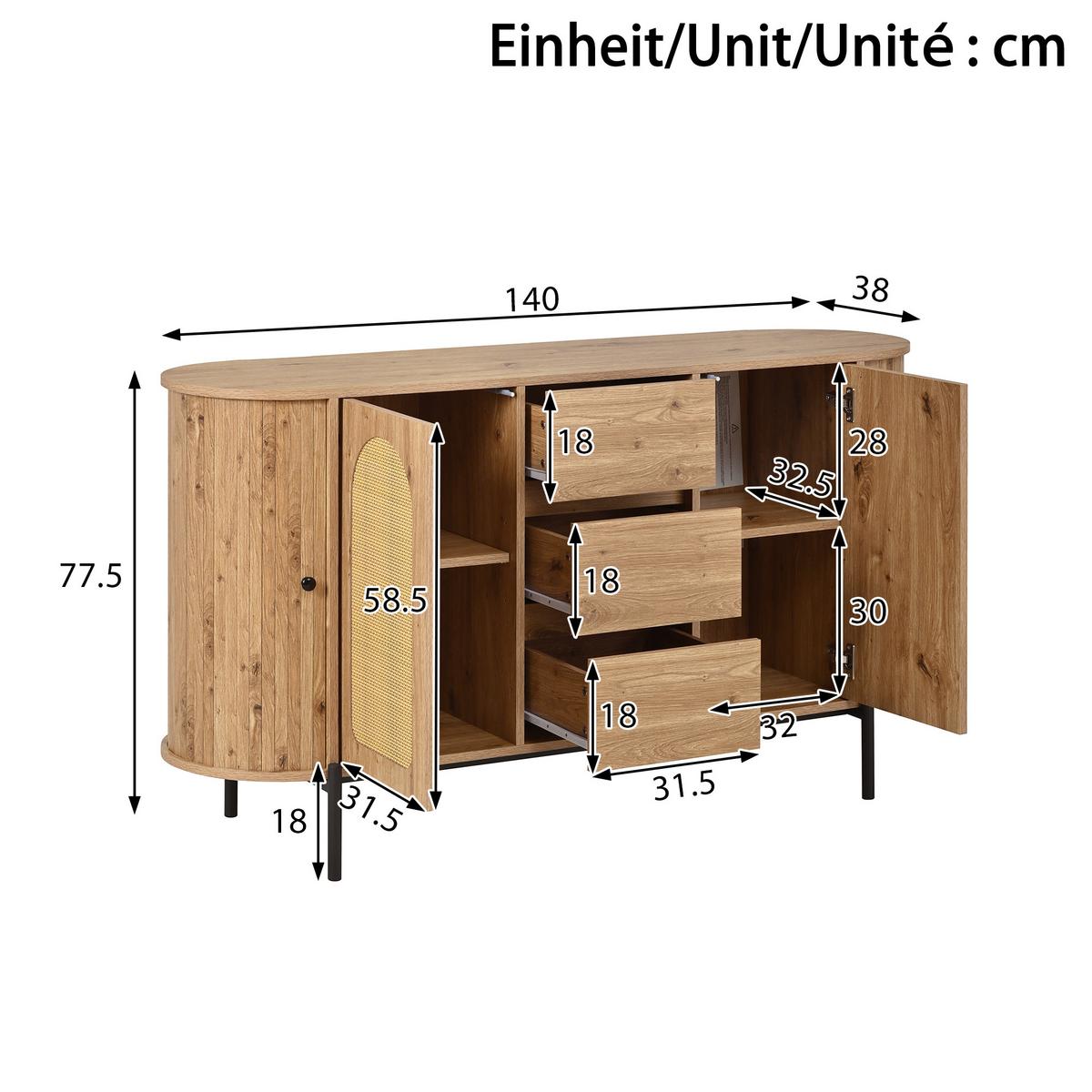 SIDEBOARD in holzoptik mit rattan, ovale form und verstellbaren fächern - Naturfarben, Holzwerkstoff (140/77.5/38cm) - Urban Meuble