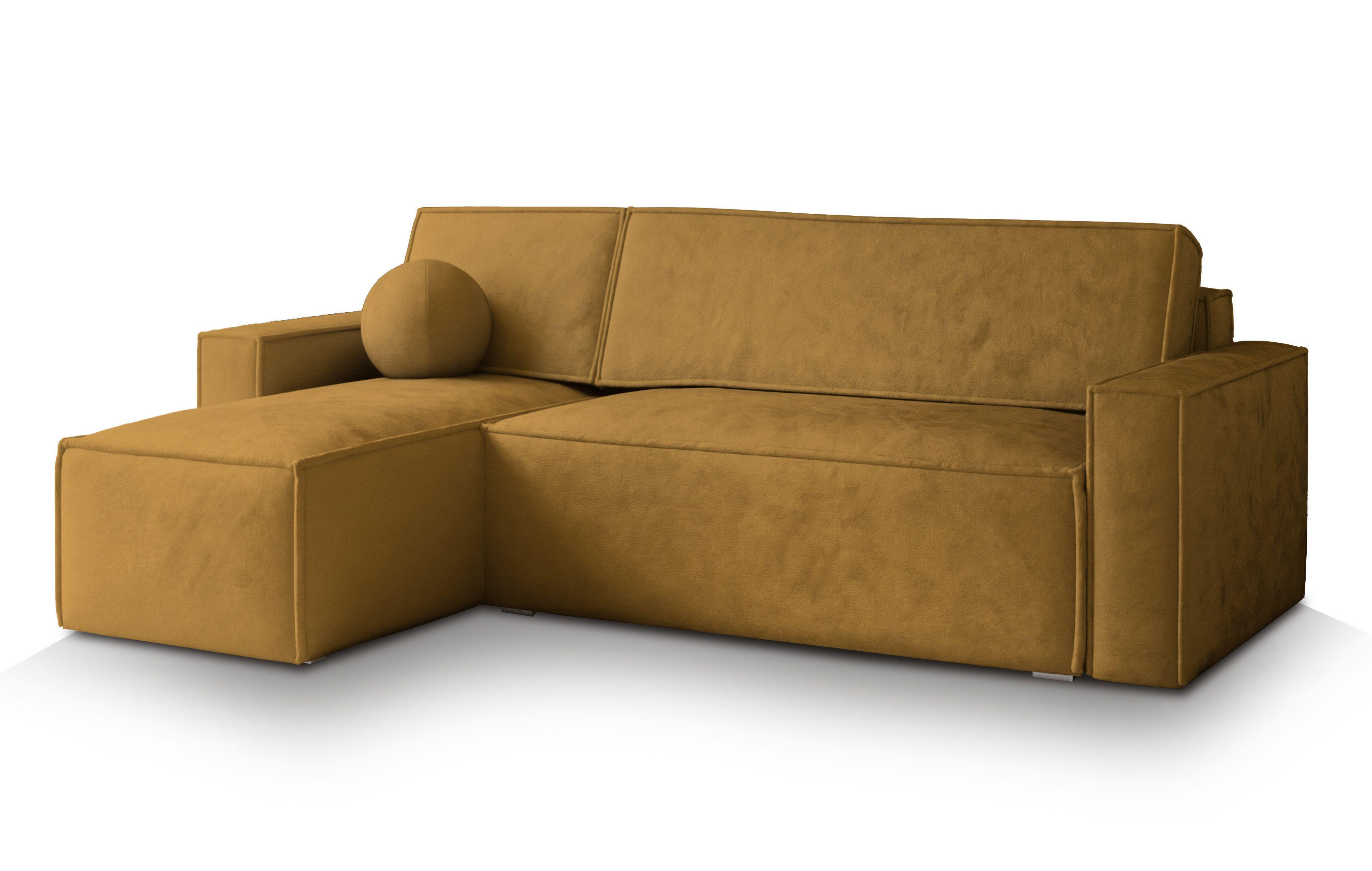 ECKSOFA RAVELO M Gelb Velours-Stoff mit Schlaffunktion - Gelb/Grau, Holz/Kunststoff (240/140cm) - MASSENO
