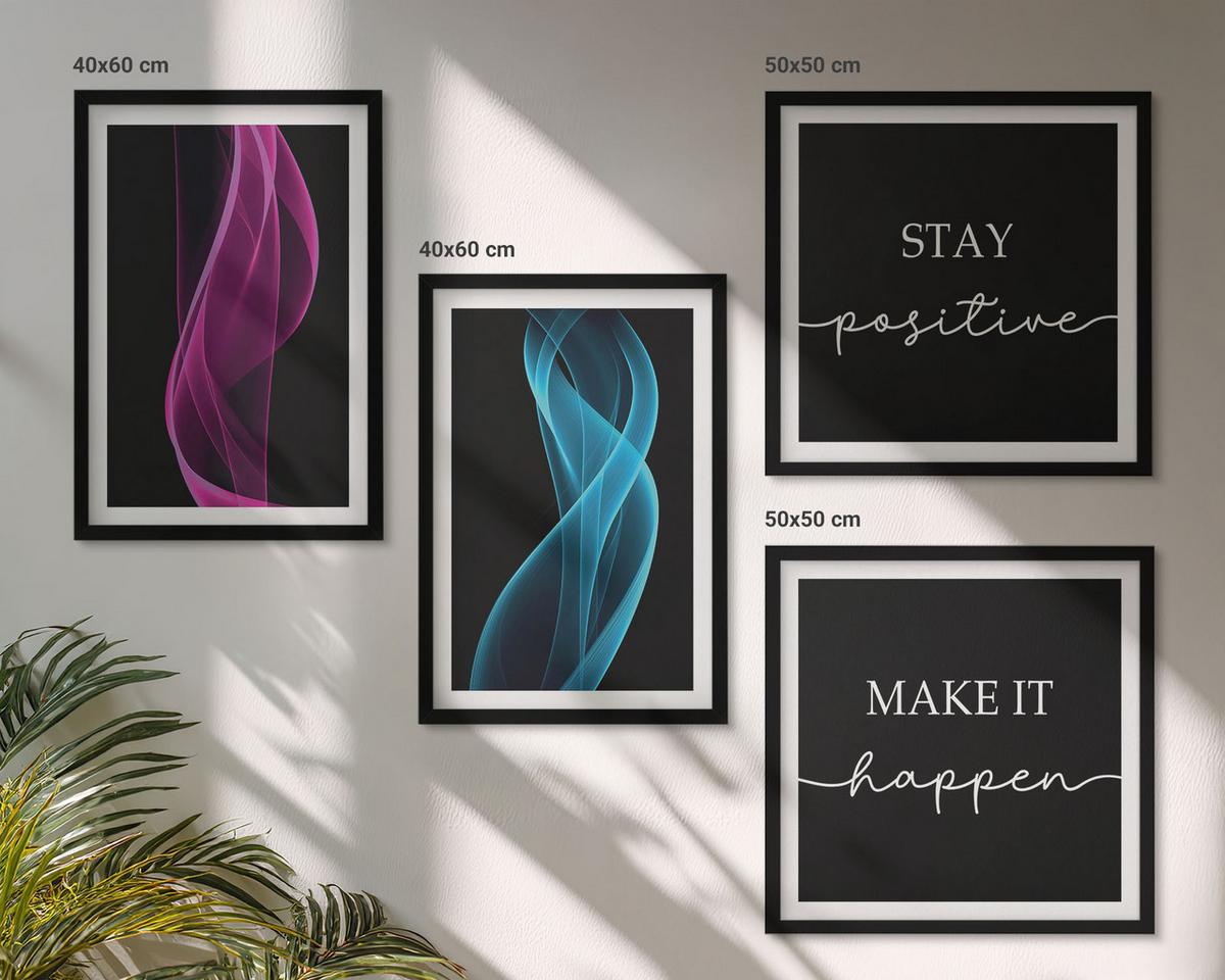 BILDER SET 4er Set - 50x50 cm & 40x60 cm Schwarzer Rahmen - Neonlinienwellen im Hintergrund - Schwarz, Kunststoff (50/50cm) - TULUP