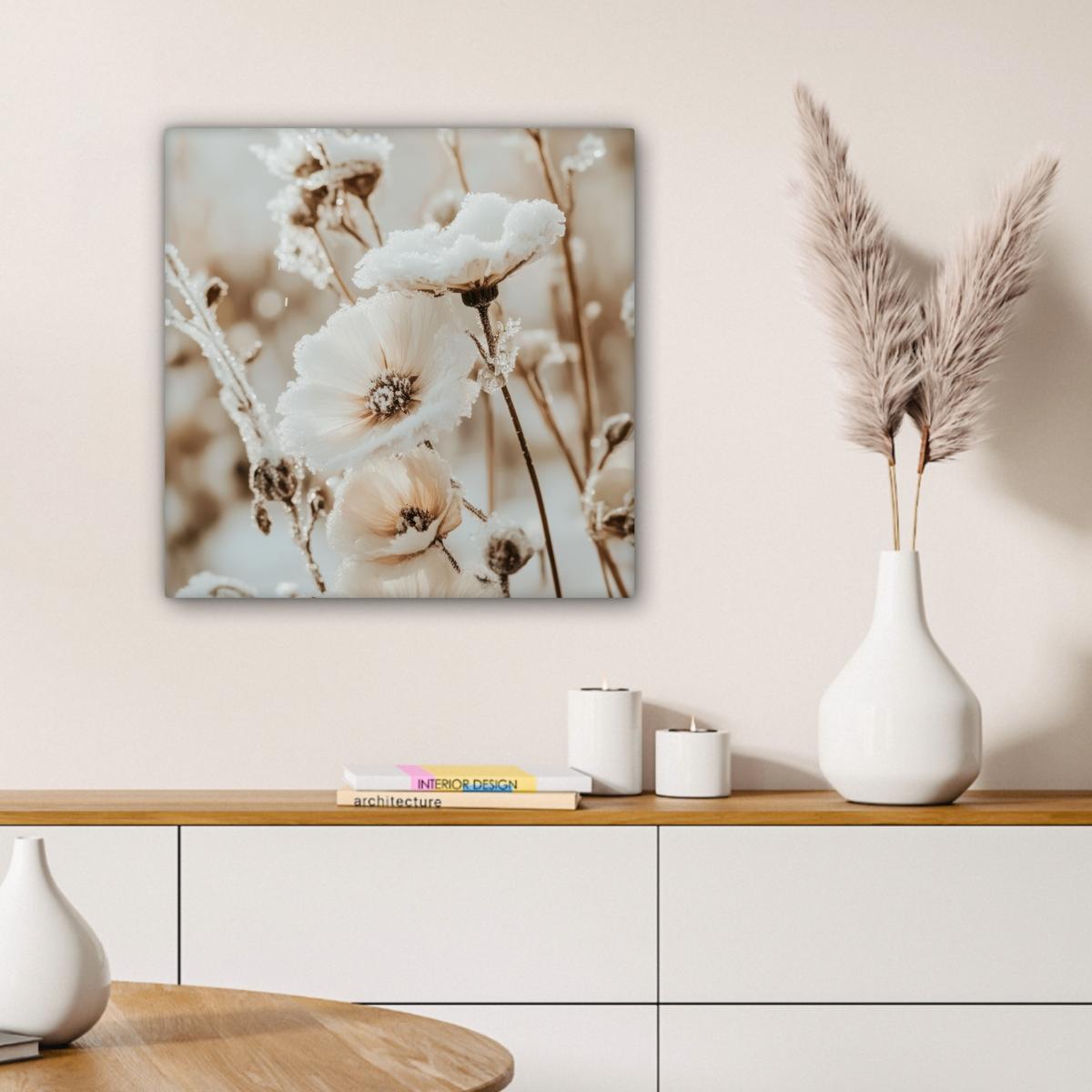 LEINWANDBILD Blumen - Winter - Weiß - Schnee - Beige Wandbild Wohnzimmer 50x50 cm - Creme, Textil (50/50cm) - MuchoWow