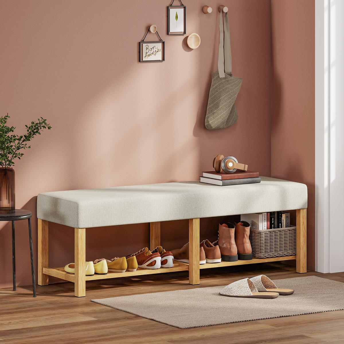SCHUHBANK Kautschukholz Polyester Cremeweiß - Creme, Holz (140/48/44cm) - HOMCOM