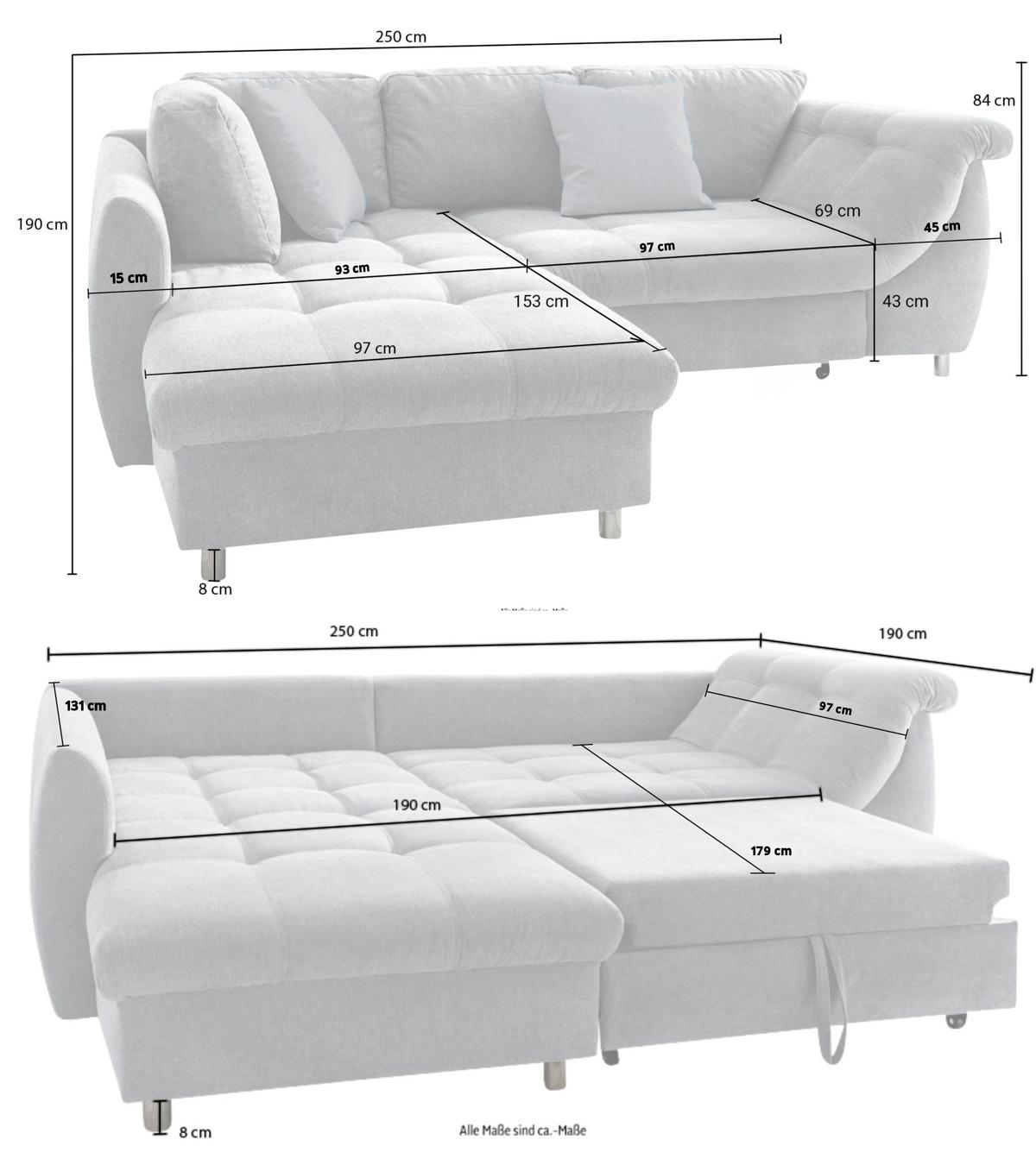 ECKSOFA mit Schlaffunktion, Bettkasten, Wellenunterfederung, Ottomane links B250/T190/H84 cm, Liegefl. 179x190 cm, Mikrofaser Blau / 17102 - Blau/Chromfarben, Textil/Metall (250/190cm) - luma-home