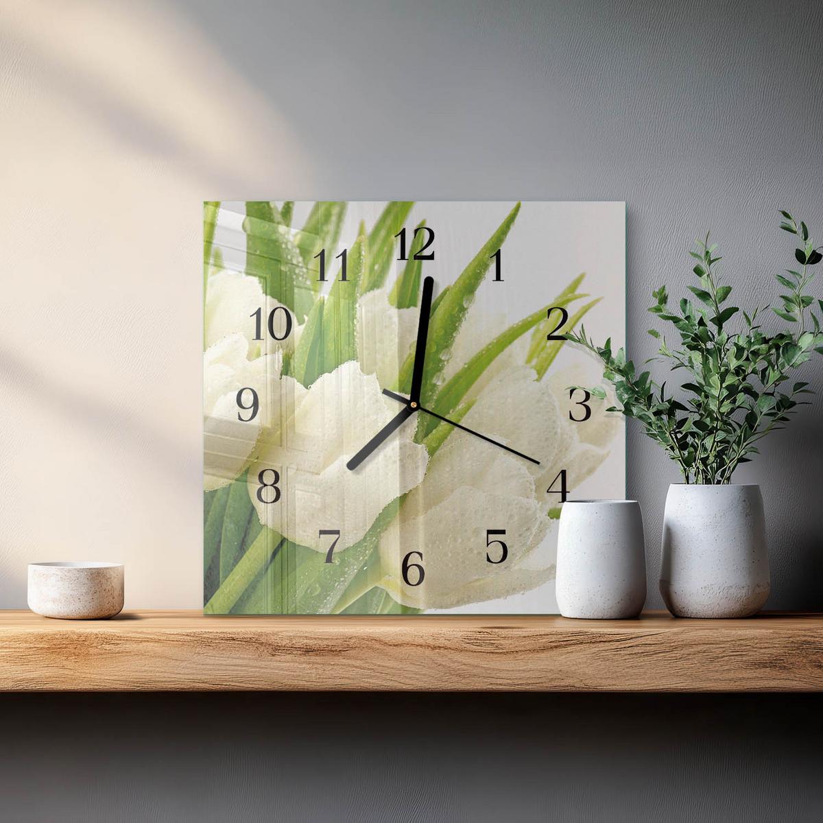 WANDUHR aus Glas 30x30 cm - Tulpen - Weiß, Glas (30/30/0.4cm) - TULUP