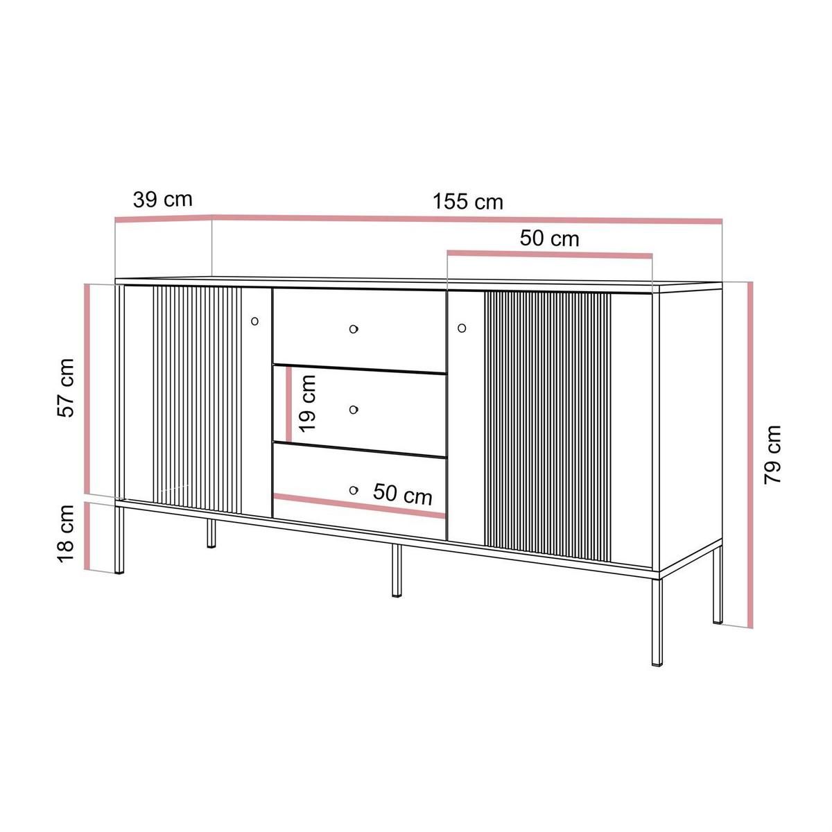 SIDEBOARD 2D3S VIVALDI mit Schubladen und geriffelten Fronten - Kaschmir, Holzwerkstoff (155/79/39cm) - Lookway