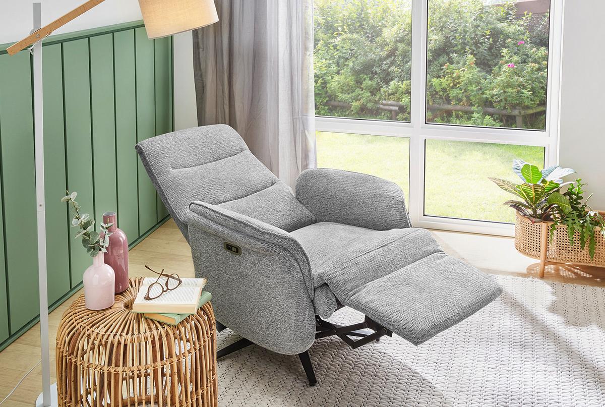 TV-RELAXSESSEL elektrisch mit Massage-/Heizfunktion, zweimotorische Verstellung B74/T89/H108 cm, Chenille-Bezug Grau /15600 - Schwarz/Grau, Textil/Metall (74/108/89cm) - luma-home