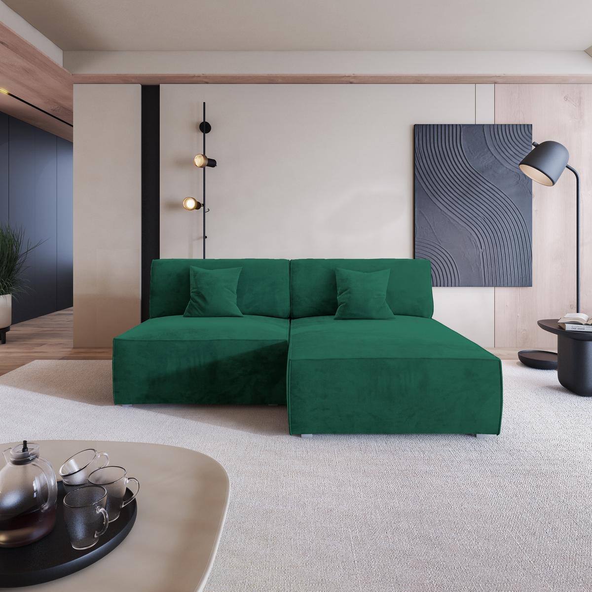 ECKSOFA FIORO M Grün Velours-Stoff mit Schlaffunktion - Grau/Grün, Holz/Kunststoff (204/148cm) - MASSENO