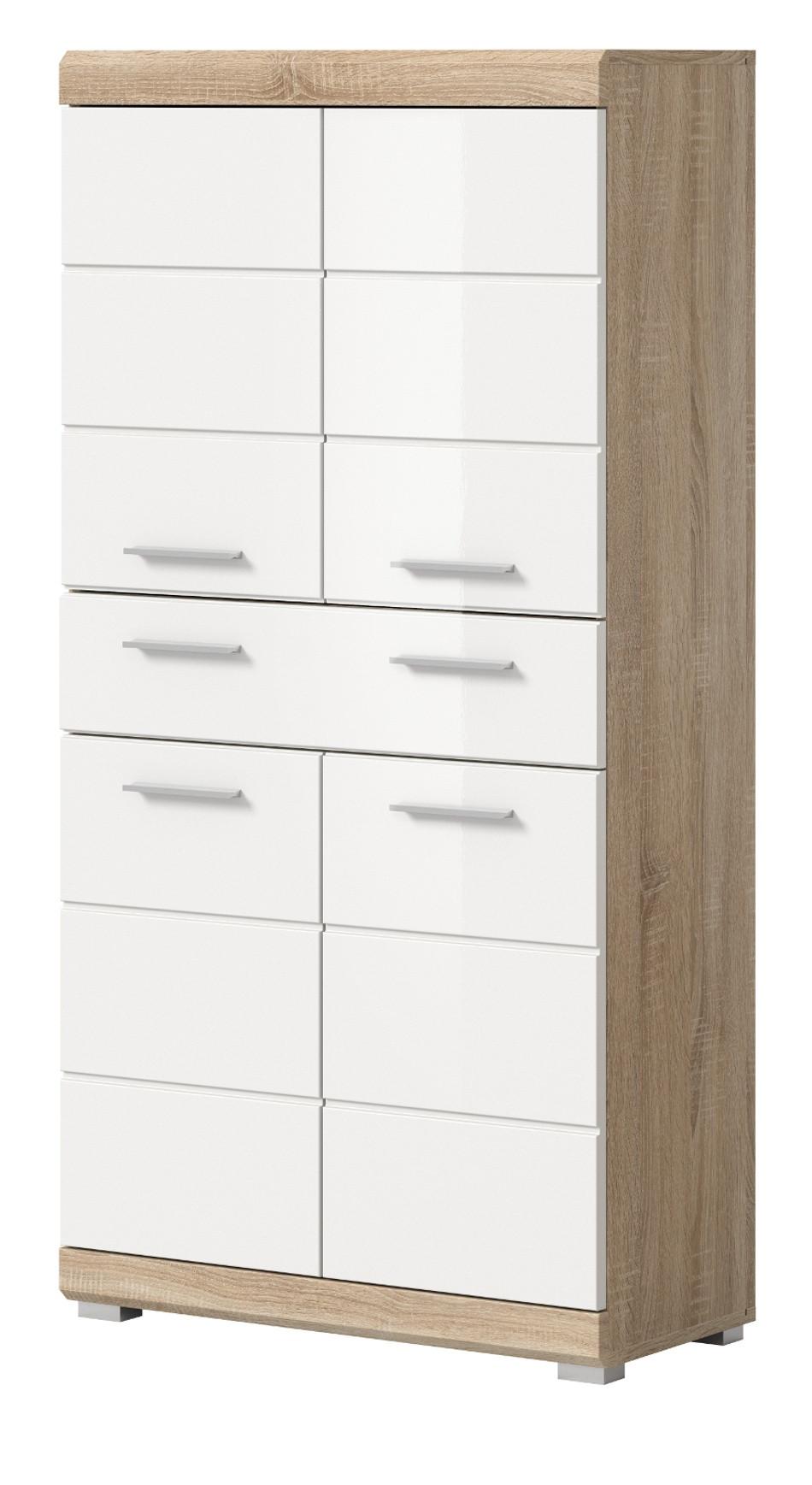 MIDISCHRANK weiß Hochglanz, Eiche 74 x 141 cm, Badschrank 4-türig mit Vollauszug - Weiß Hochglanz/Eichefarben, Holzwerkstoff/Kunststoff (74/141/31cm) - Inn.Furn