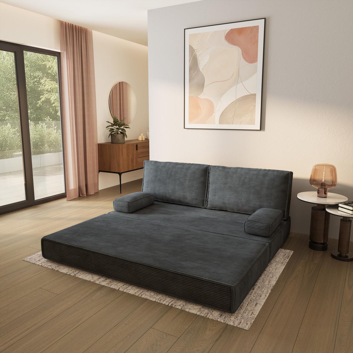 BETTSOFA SILAR aus Schaumstoff Kordstoff Grau Schlaffunktion - Dunkelgrau, Textil (170/86/80cm) - MASSENO